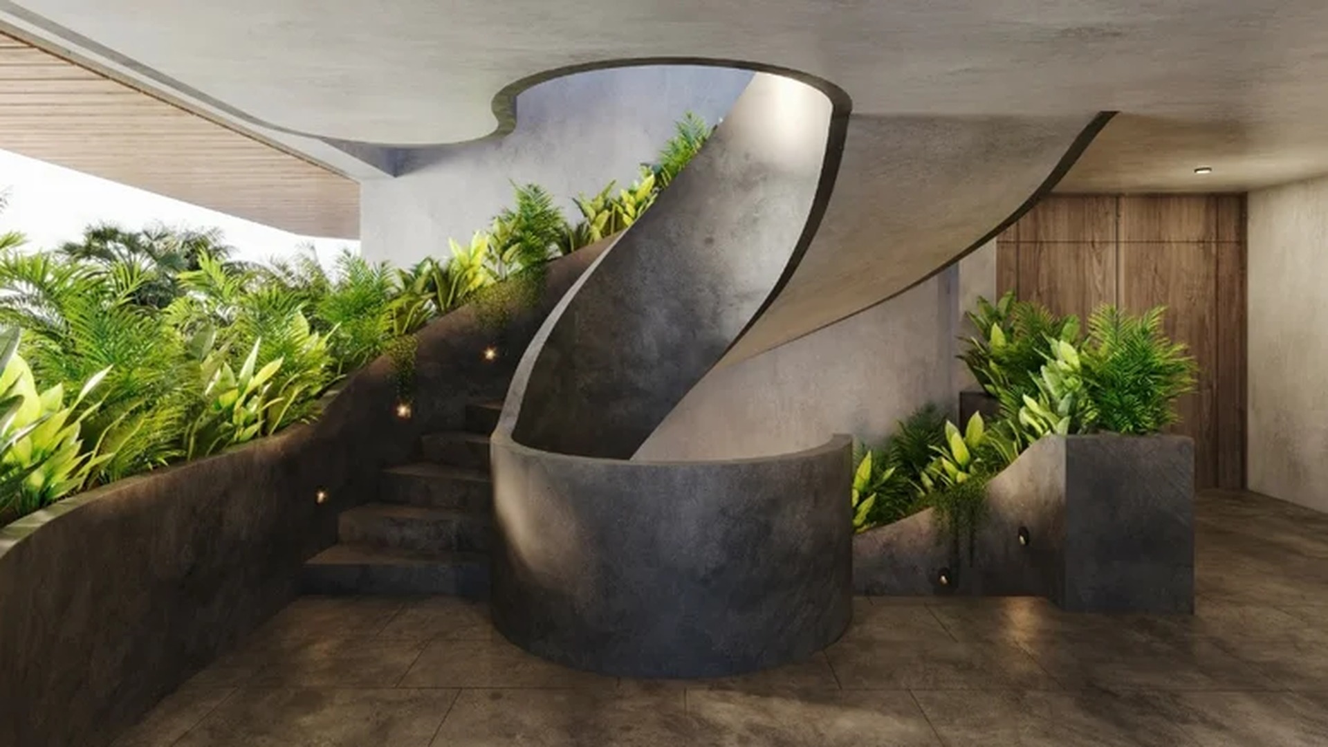Image of a Spiral Staircase, featuring Concrete Finishes and Modern Architecture.