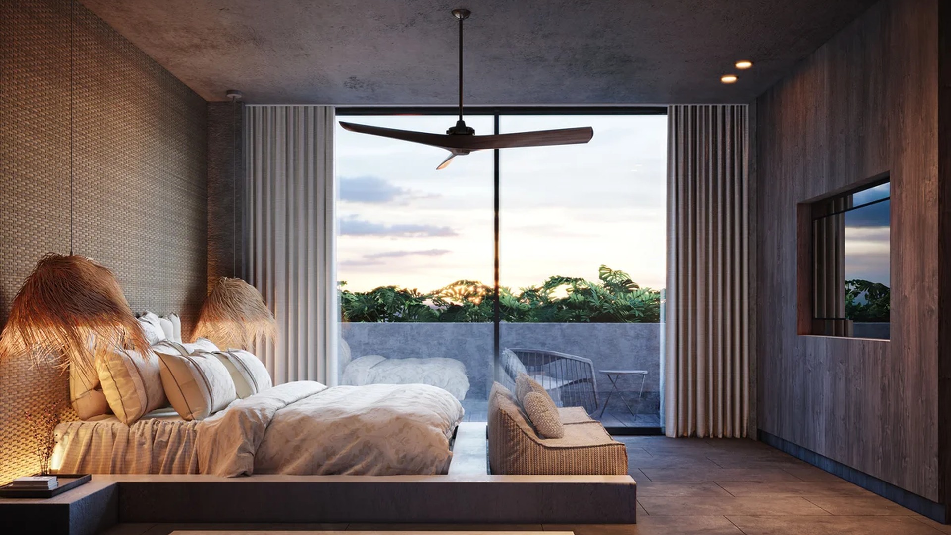 Image of a Luxury Bedroom, featuring Private Balcony and Floor-to-Ceiling Windows.