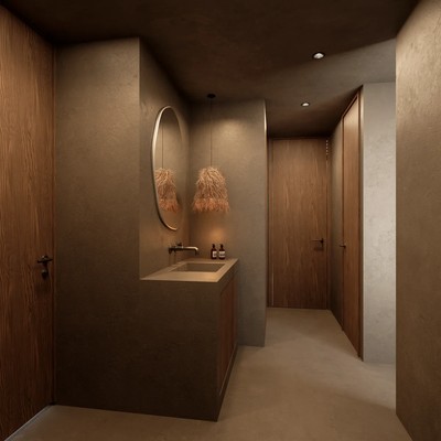 Image of a Powder Room, featuring Concrete Vanity and Textured Plaster Walls.