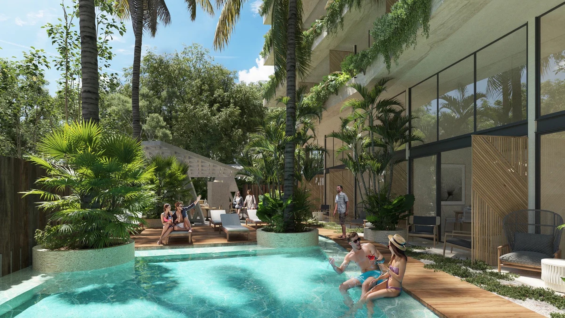 Image of a Resort-Style Pool, featuring Lush Tropical Landscaping and Wooden Sundeck.