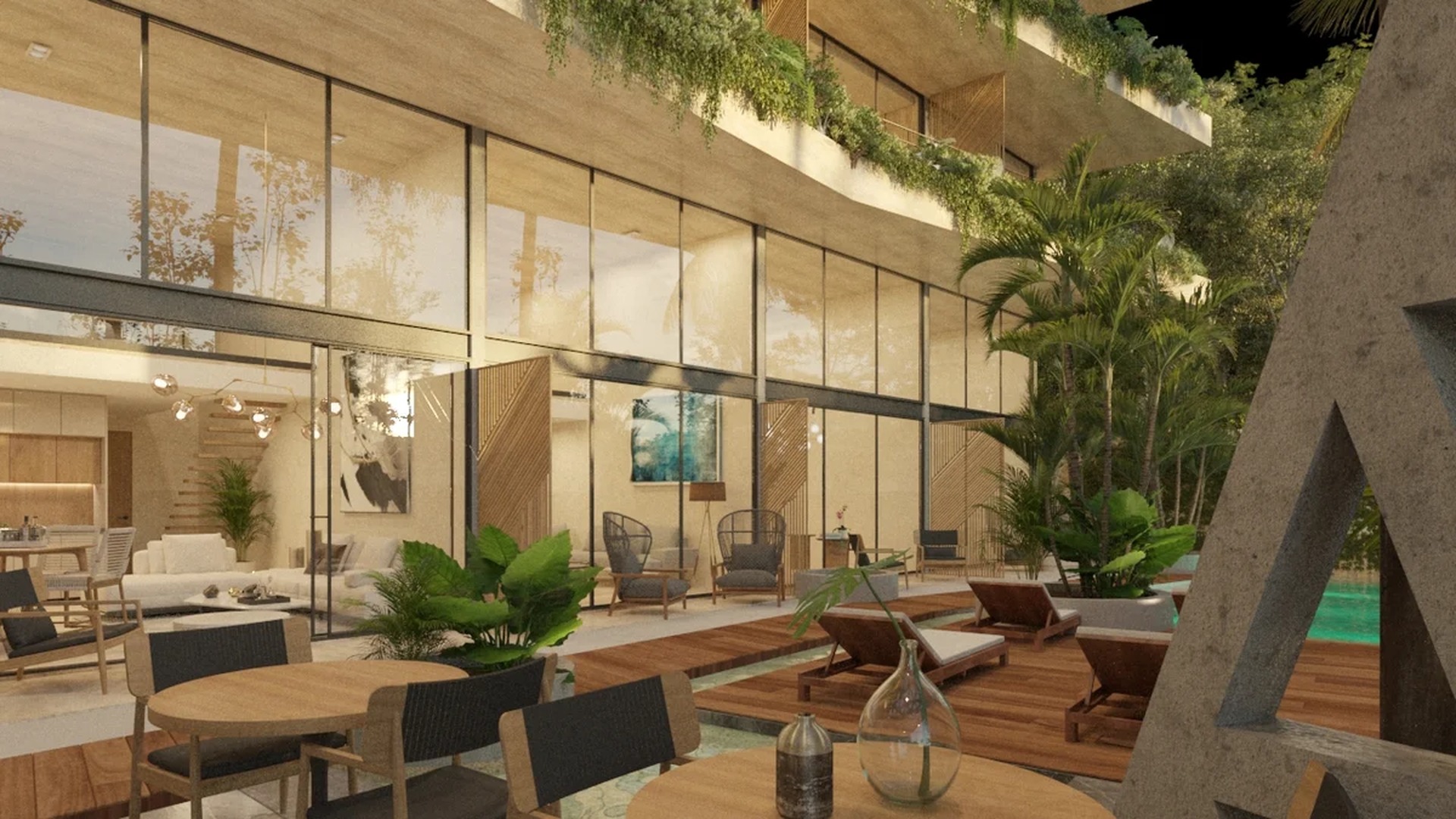 Image of a Poolside Lounge, featuring Floor-to-Ceiling Windows and Lush Garden.