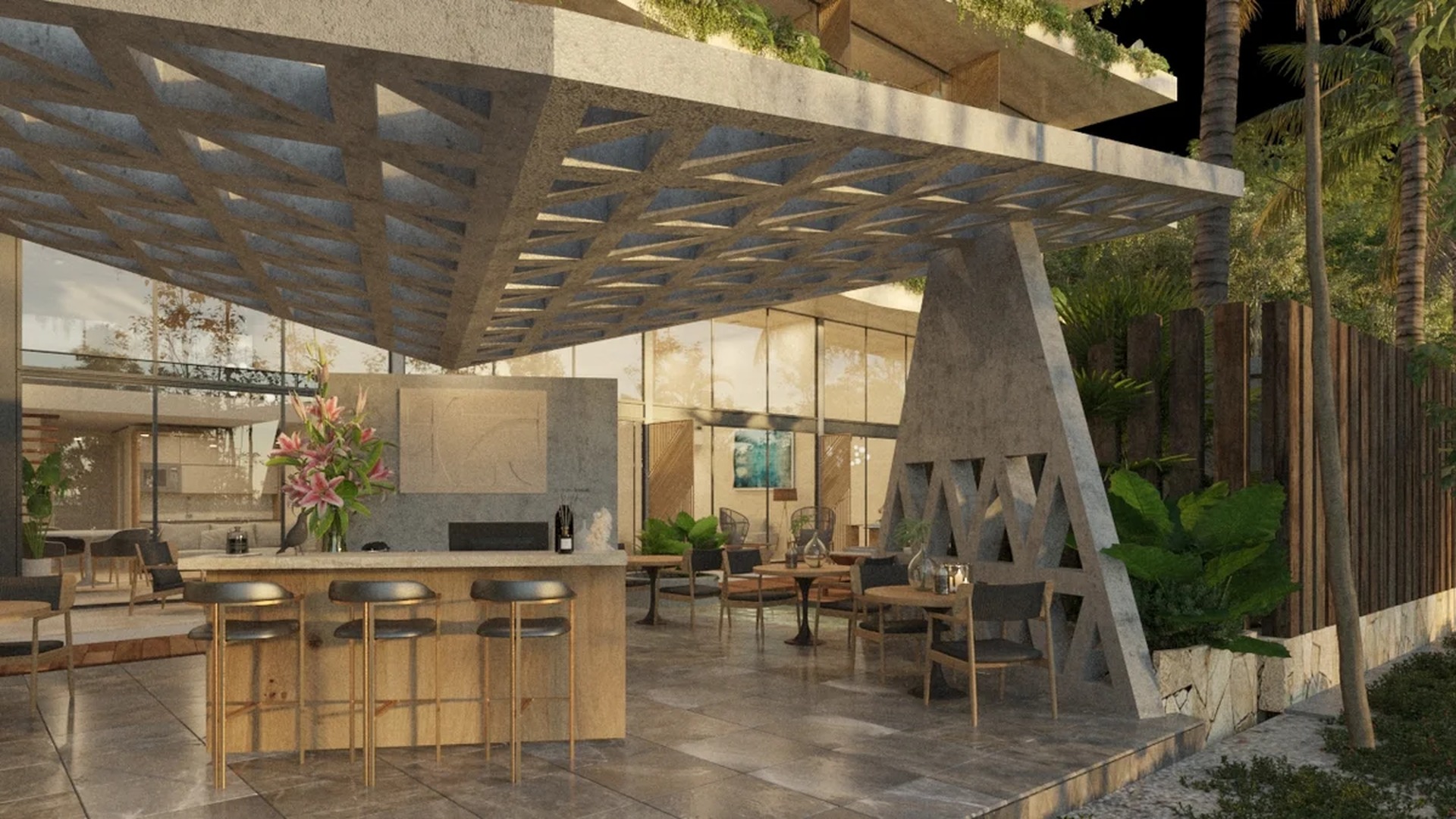 Image of a Outdoor Lounge Area, featuring Patio Bar and Geometric Concrete Ceiling.