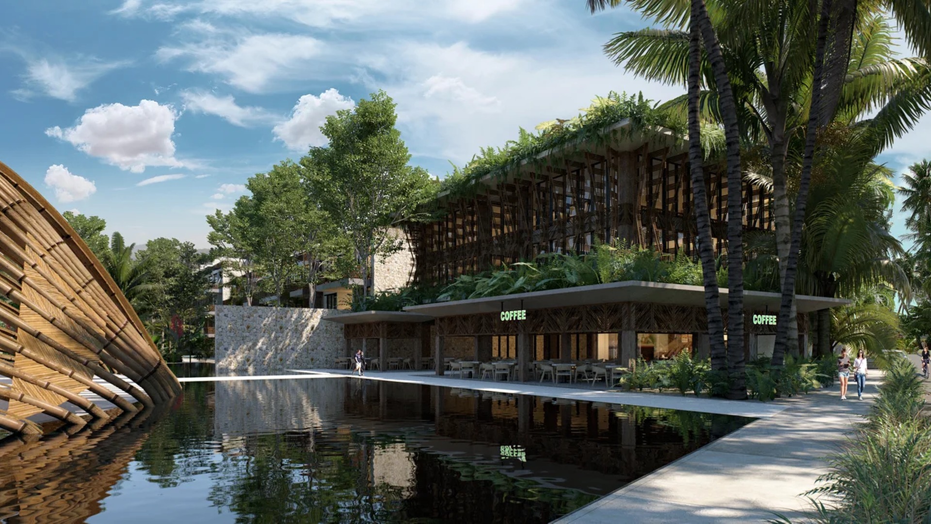 Image of a Tropical Modern Architecture, featuring Reflecting Pool and Lush Landscaping.