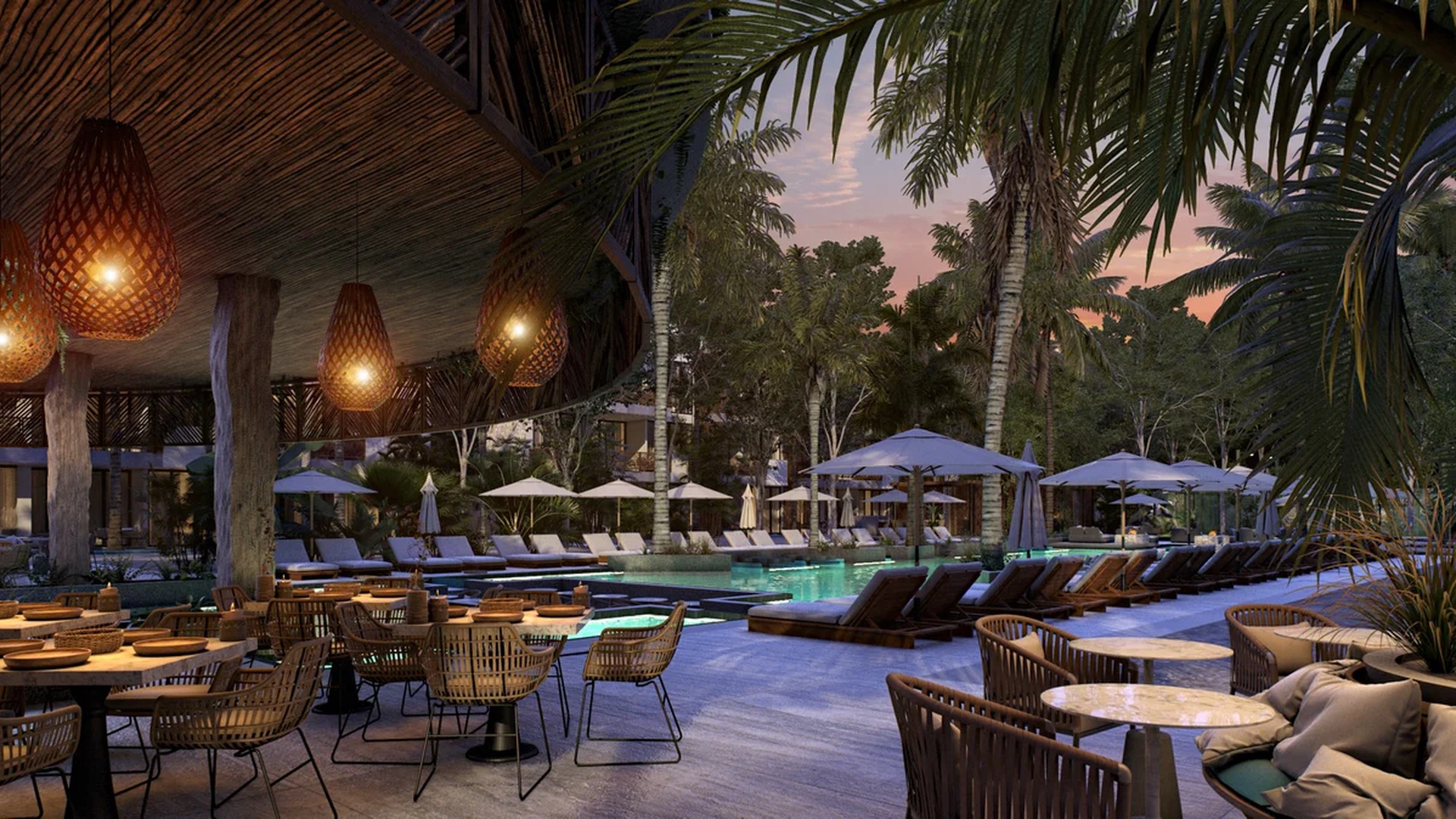 Image of a Poolside Lounge, featuring Outdoor Dining and Tropical Setting.