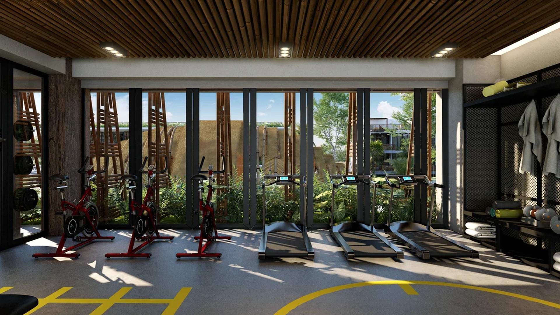 Image of a Fitness Center, featuring Cardio Equipment and Bamboo Ceiling.