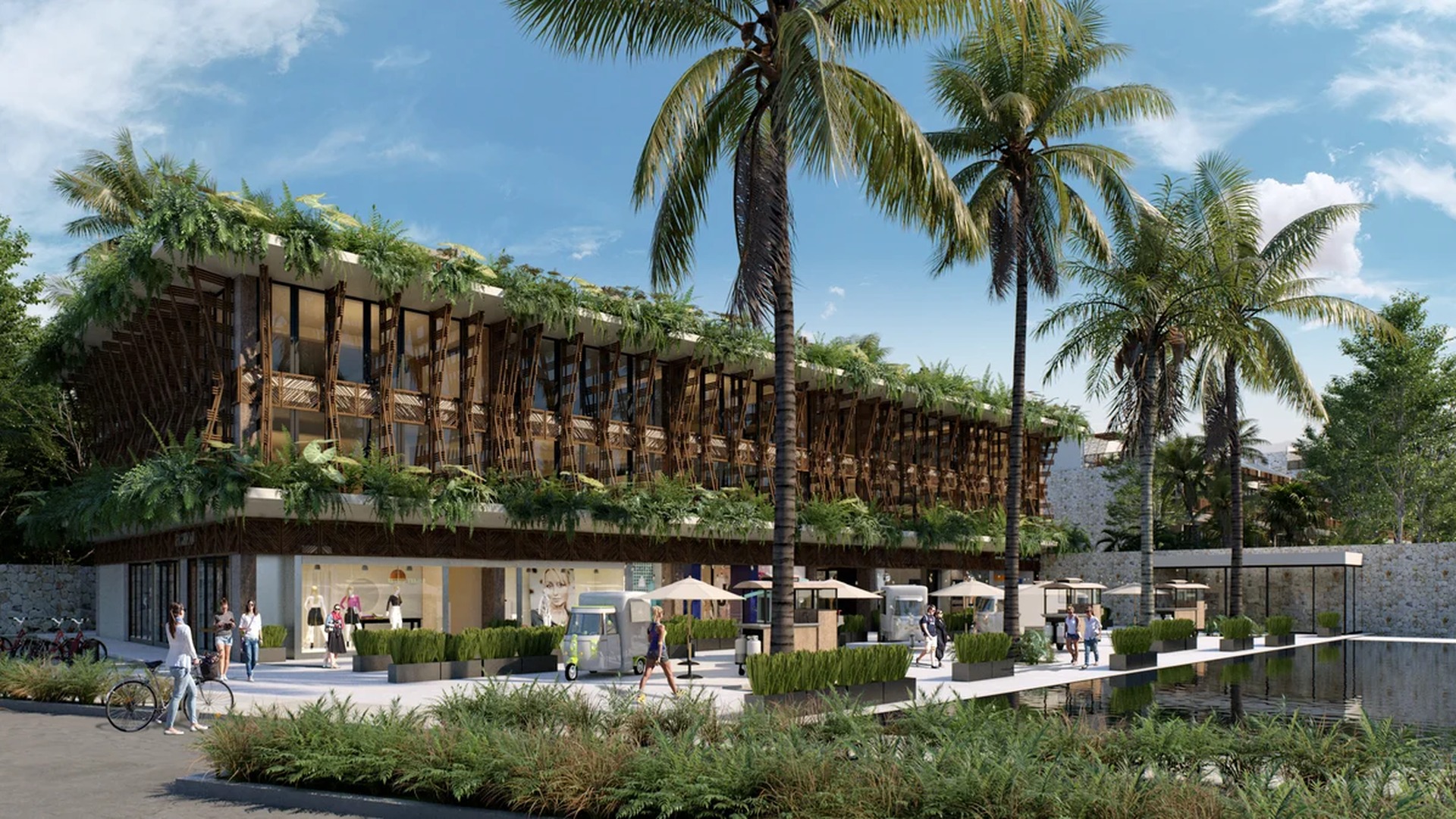 Image of a Tropical Architecture, featuring Biophilic Design and Wooden Lattice Facade.