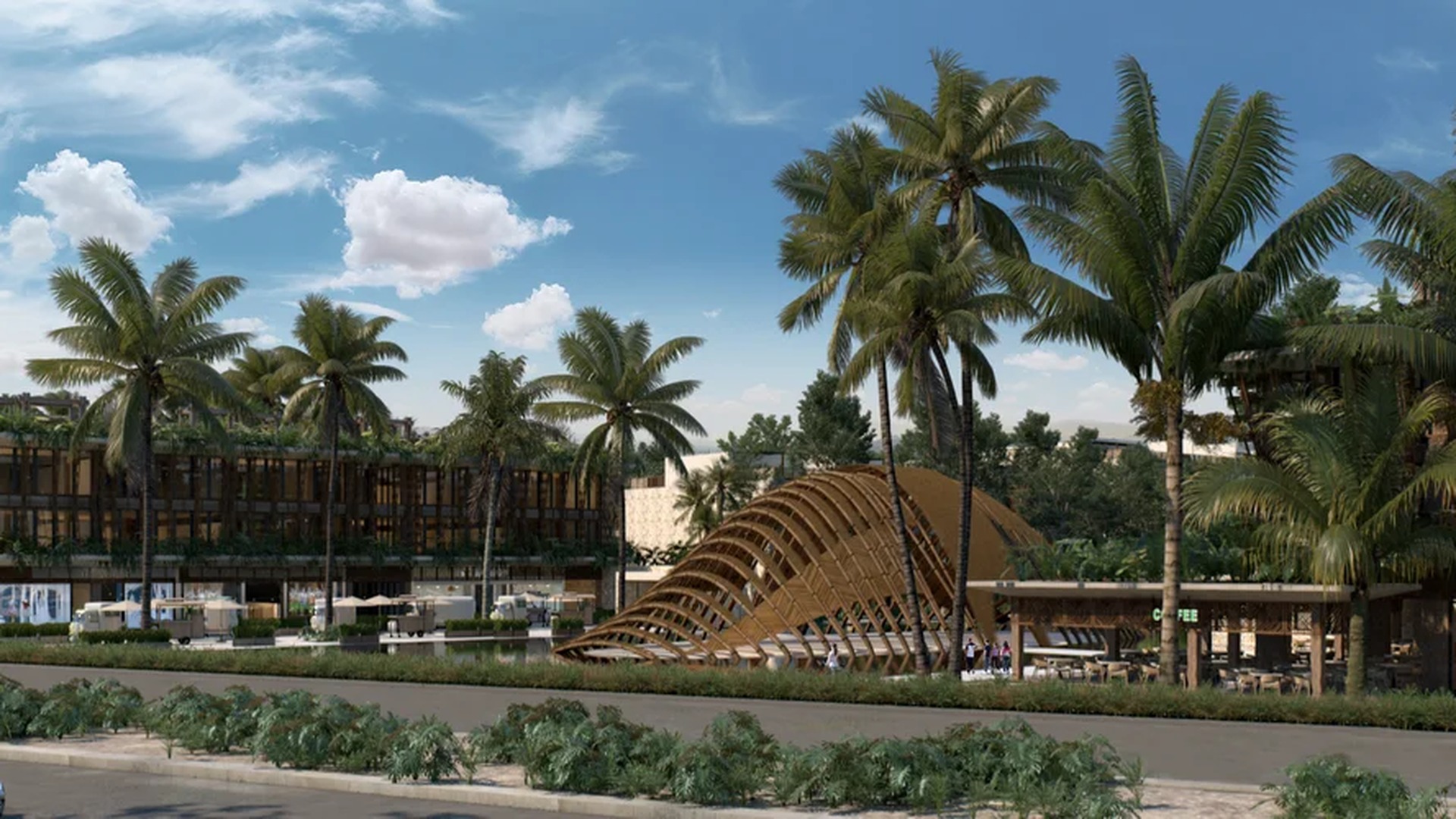 Image of a Tropical Architecture, featuring Lush Landscaping and Rooftop Gardens.