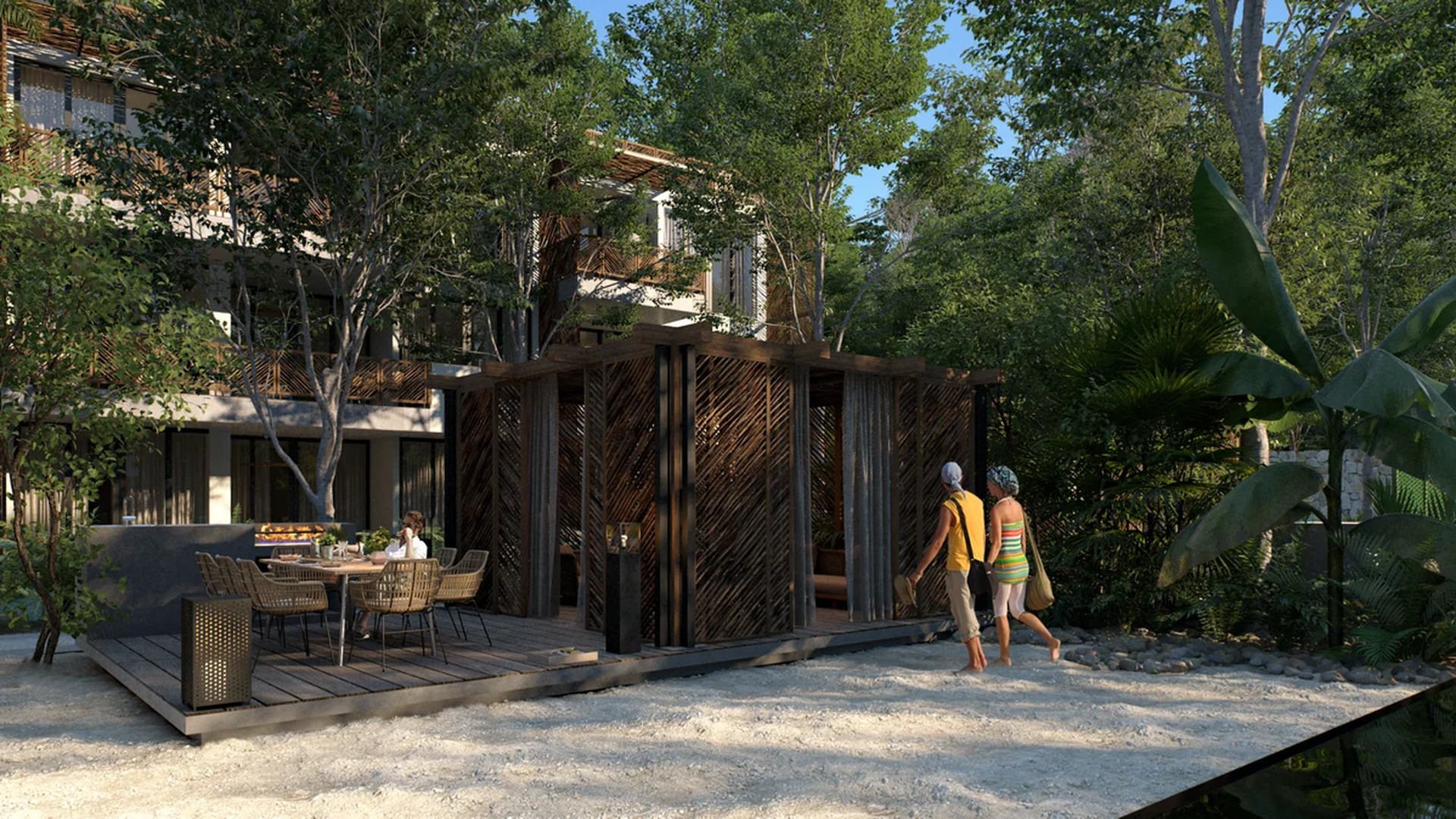 Image of a Outdoor Dining Area, featuring Lush Garden and Jungle Setting.