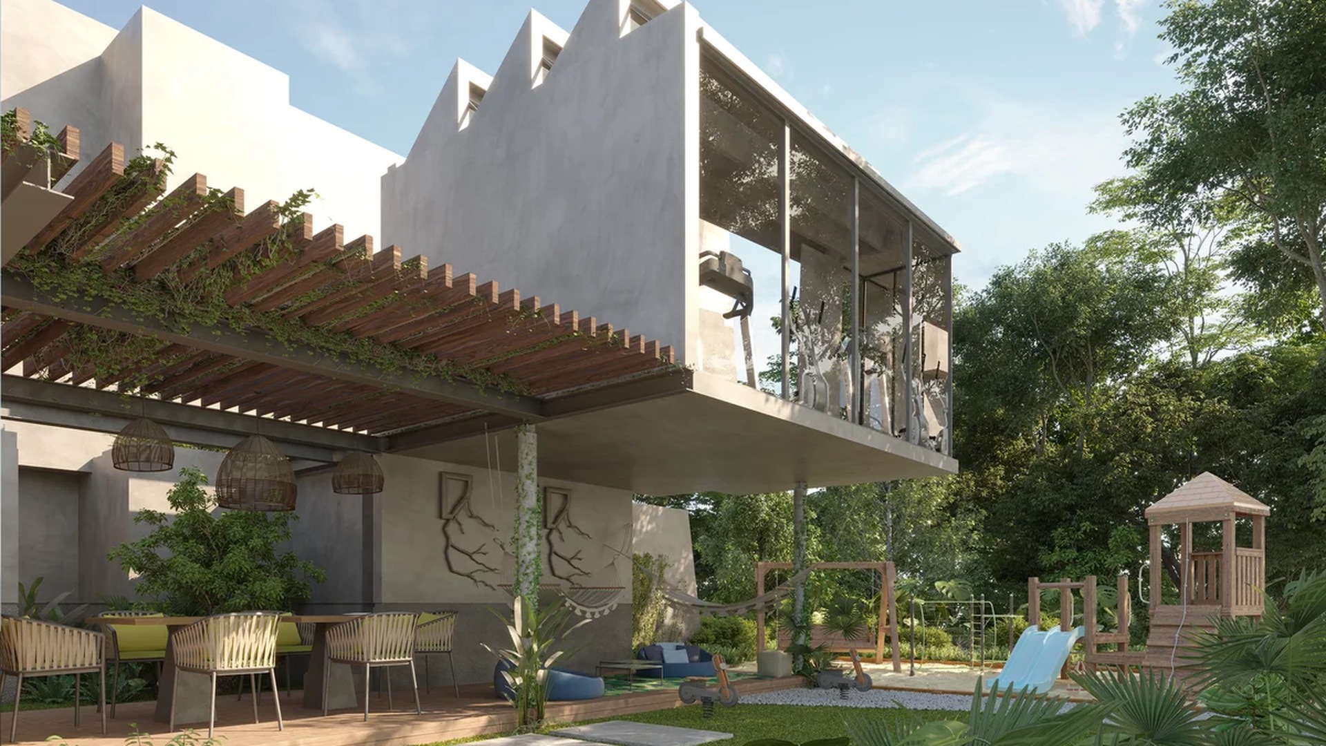 Image of a Modern Architecture, featuring Lush Garden and Children's Playground.