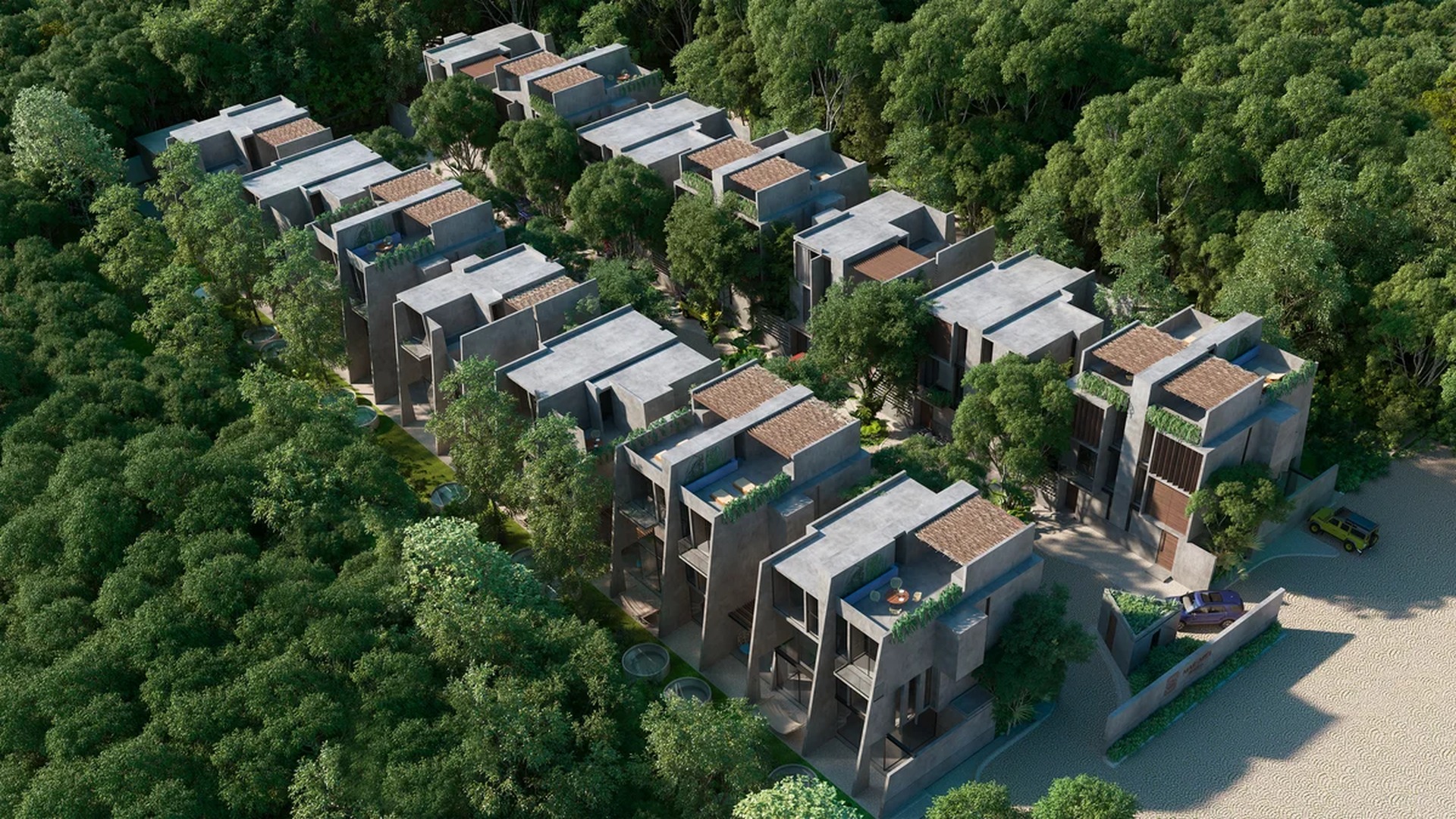 Image of a Modern Jungle Villas, featuring Rooftop Terraces and Concrete Finish Architecture.