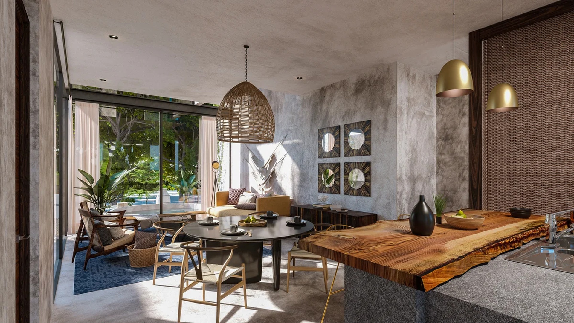 Image of a Open Concept Living, featuring Indoor-Outdoor Living and Live-Edge Wood Countertop.