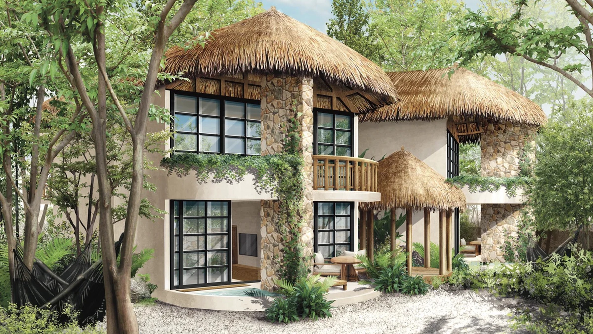 Image of a Tropical Villa, featuring Thatch Roof and Stone Facade.