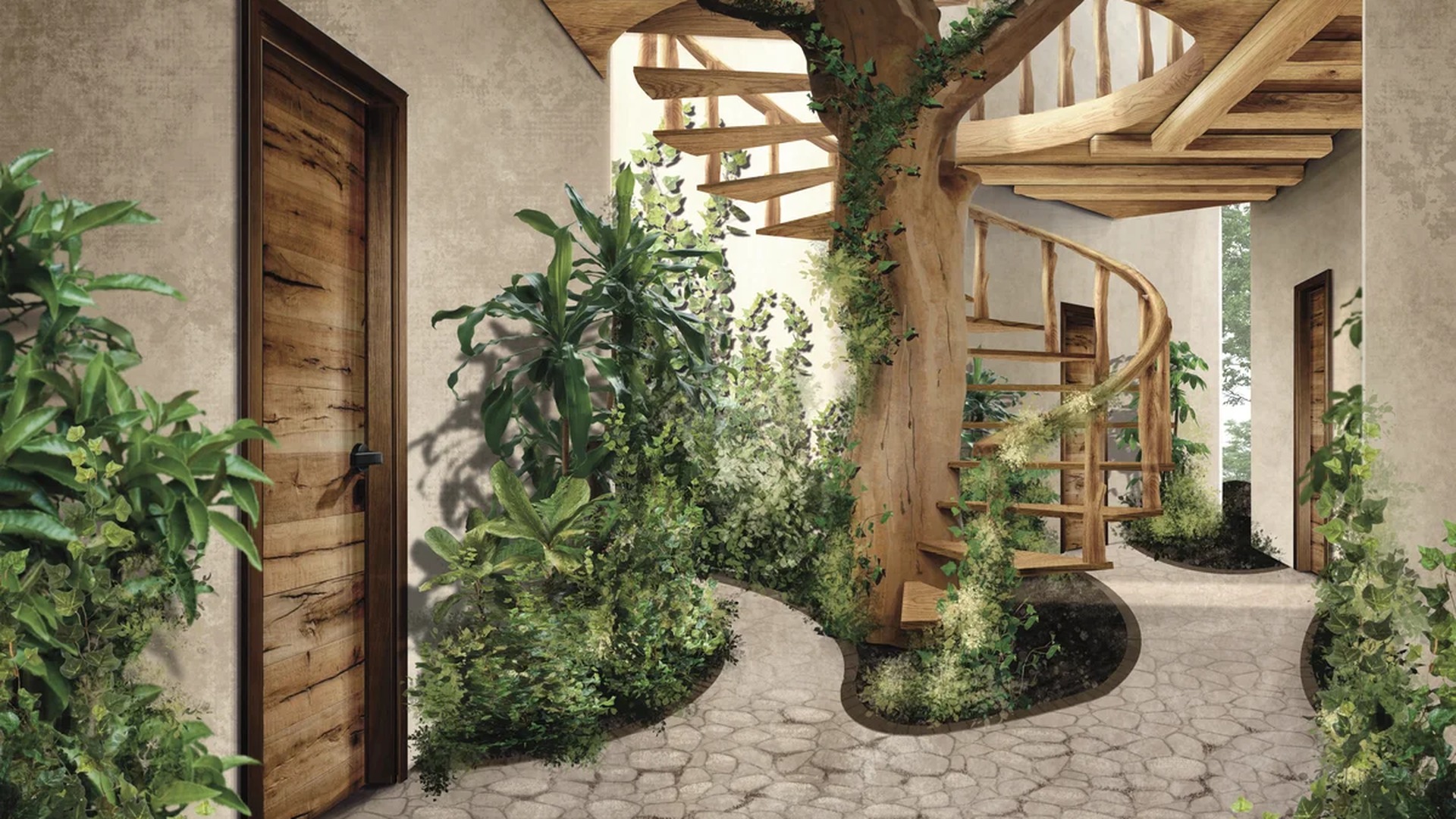 Image of a Spiral Staircase, featuring Indoor Garden and Rustic Design.