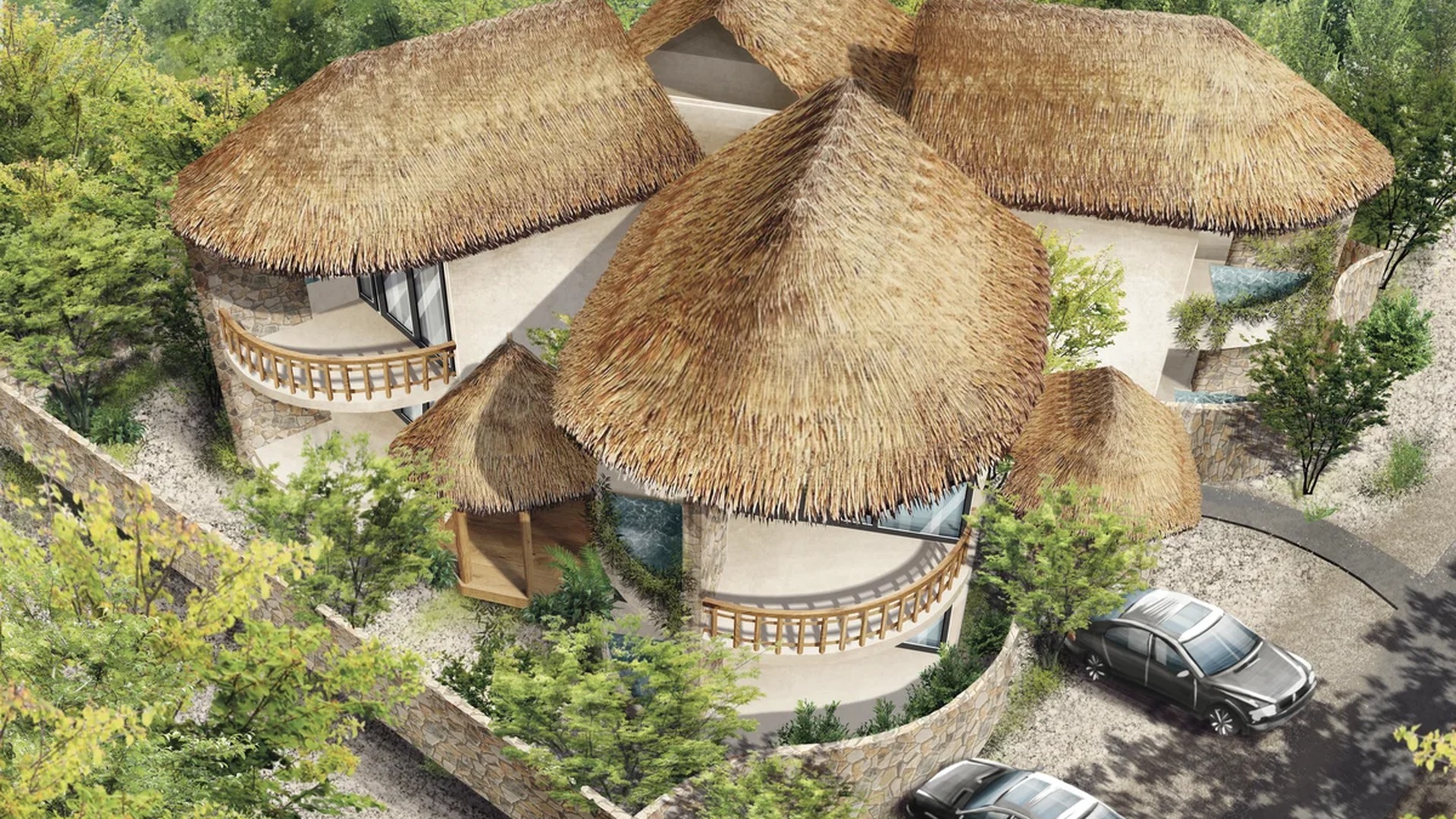 Image of a Thatched Roof Villa, featuring Tropical Architecture and Jungle Setting.