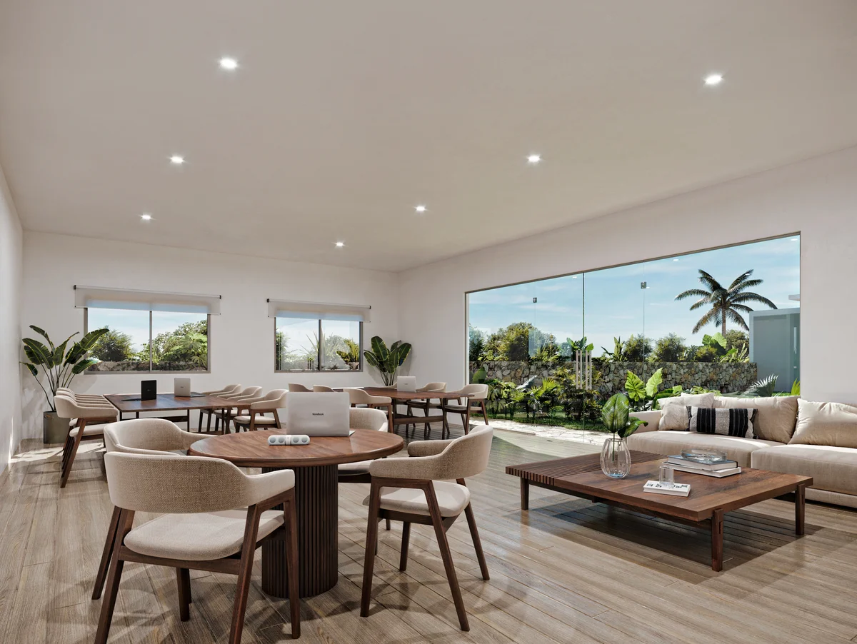 Image of a Coworking Space, featuring Resident Lounge and Floor-to-Ceiling Windows.