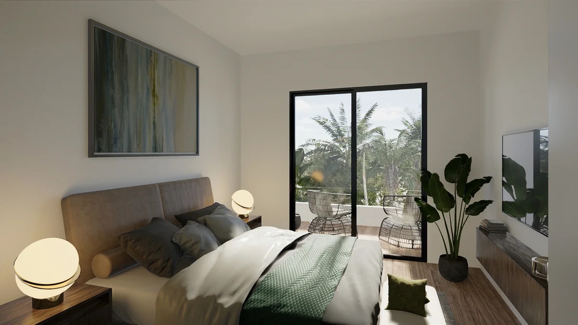 Image of a Modern Bedroom, featuring Private Balcony and Tropical View.