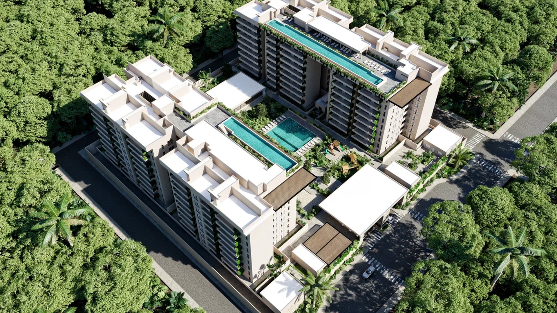 Image of a Rooftop Pool, featuring Modern Apartment Complex and Lush Jungle Surroundings.