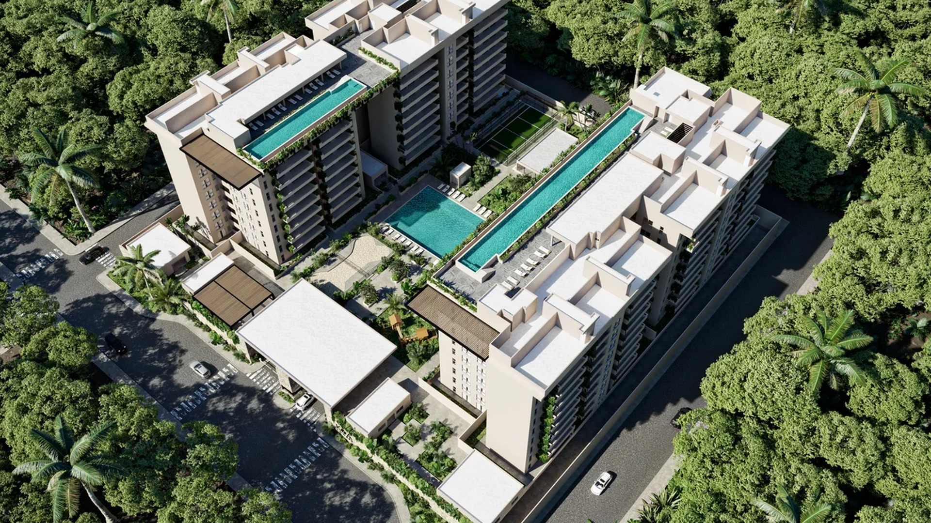 Image of a Luxury Condominium, featuring Rooftop Pools and Jungle Surroundings.