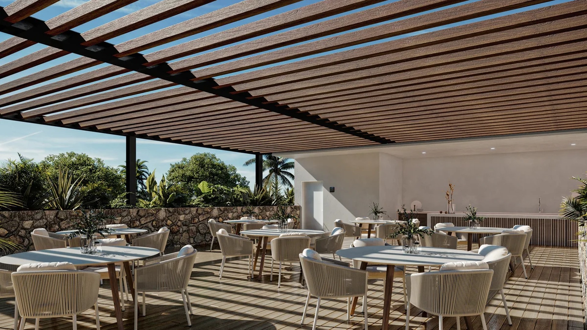 Image of a Outdoor Dining Terrace, featuring Wood Pergola and Wooden Deck.