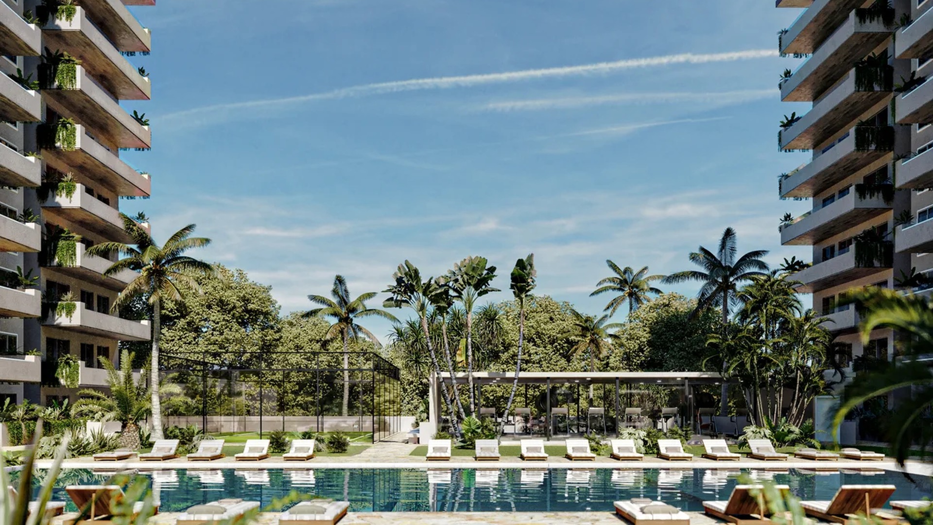 Image of a Resort-Style Pool, featuring Modern Architecture and Private Balconies.