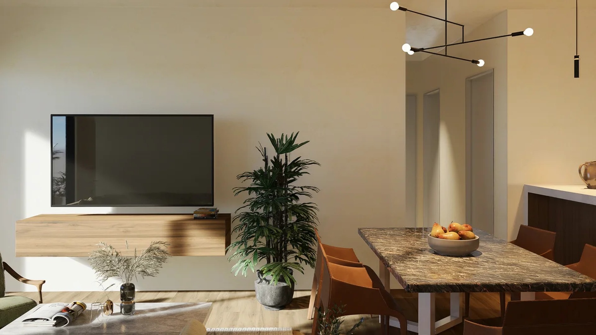 Image of a Open Concept Living, featuring Dining Area and Marble Dining Table.
