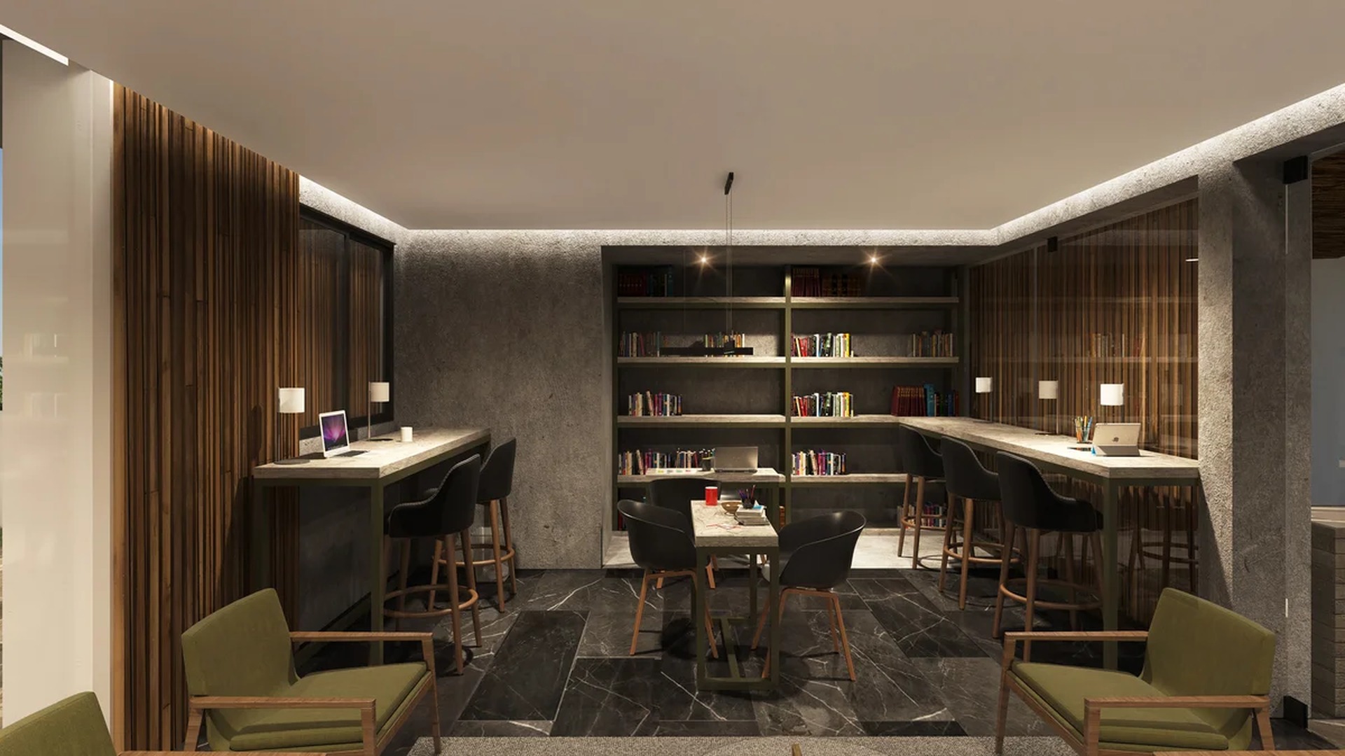 Image of a Coworking Lounge, featuring Resident Library and Wood Slat Accent Walls.