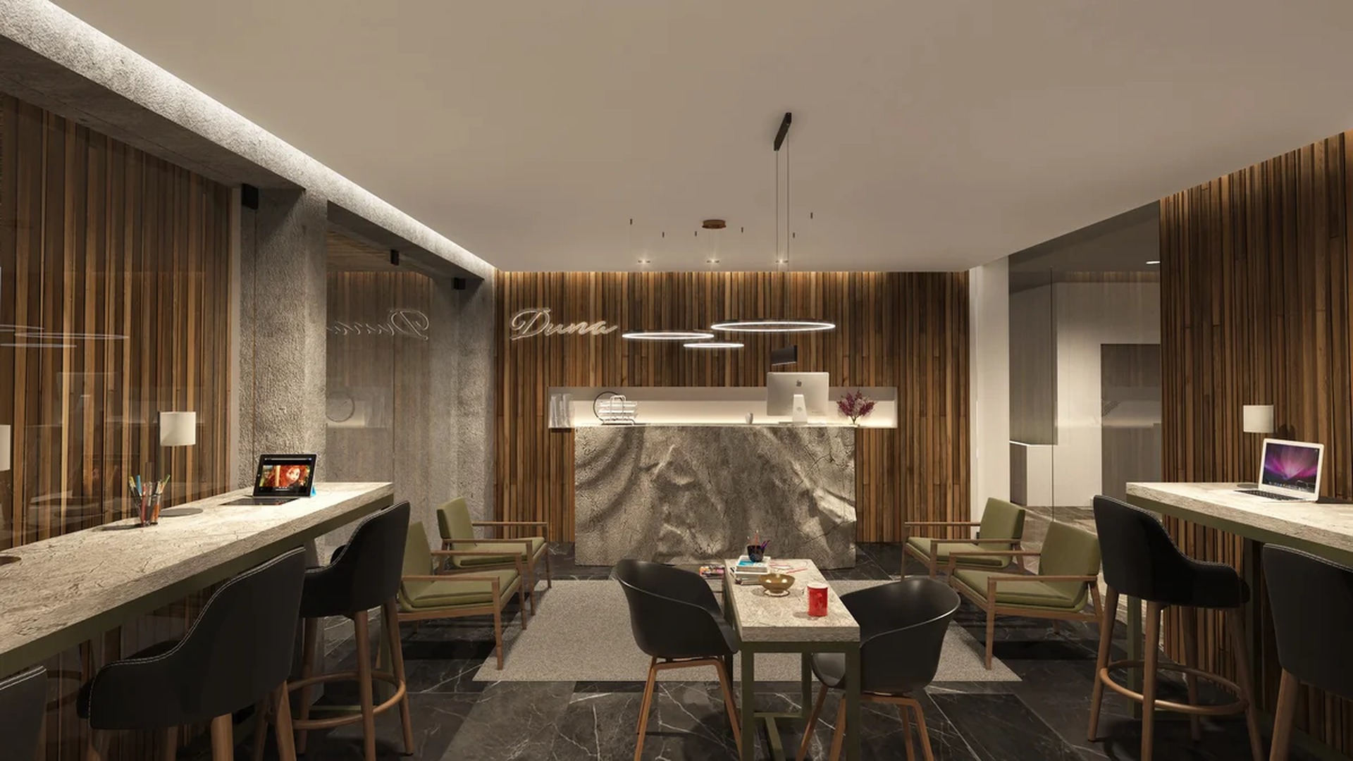 Image of a Modern Lobby, featuring Marble Reception Desk and Wood Accent Wall.
