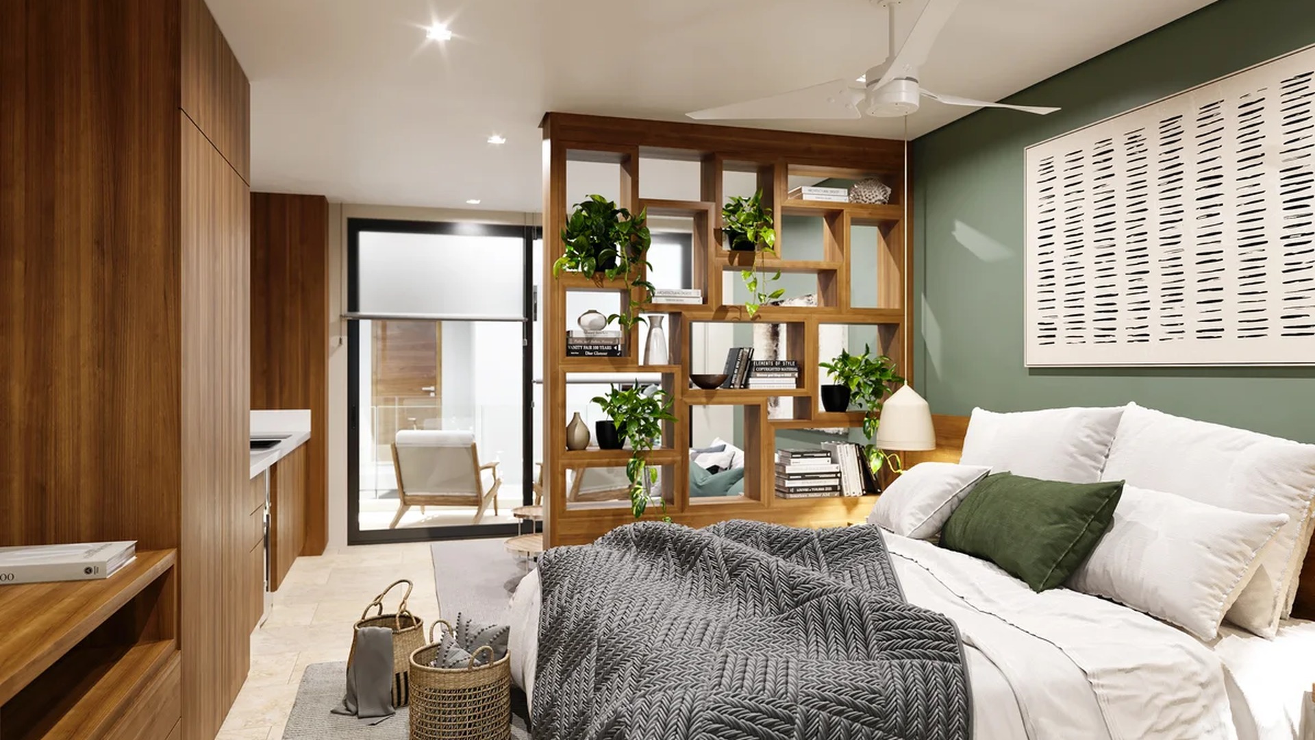 Image of a Studio Apartment, featuring Wooden Room Divider and Wood Cabinetry.