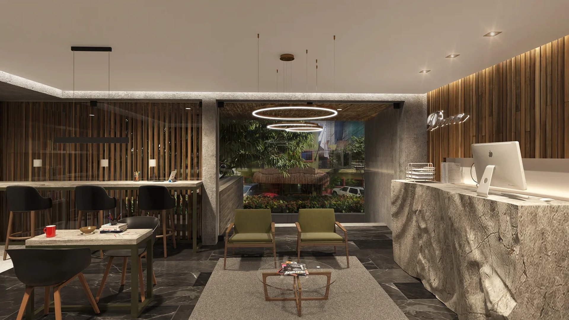 Image of a Modern Reception, featuring Natural Stone Desk and Wood Accent Walls.