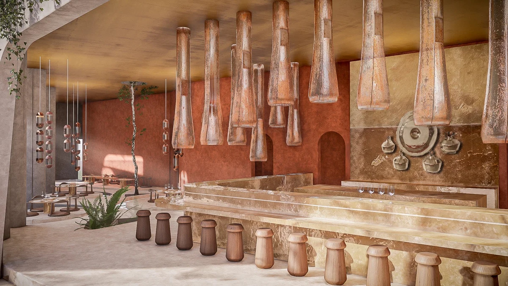 Image of a Designer Bar & Lounge, featuring Stone Bar Counter and Custom Pendant Lighting.