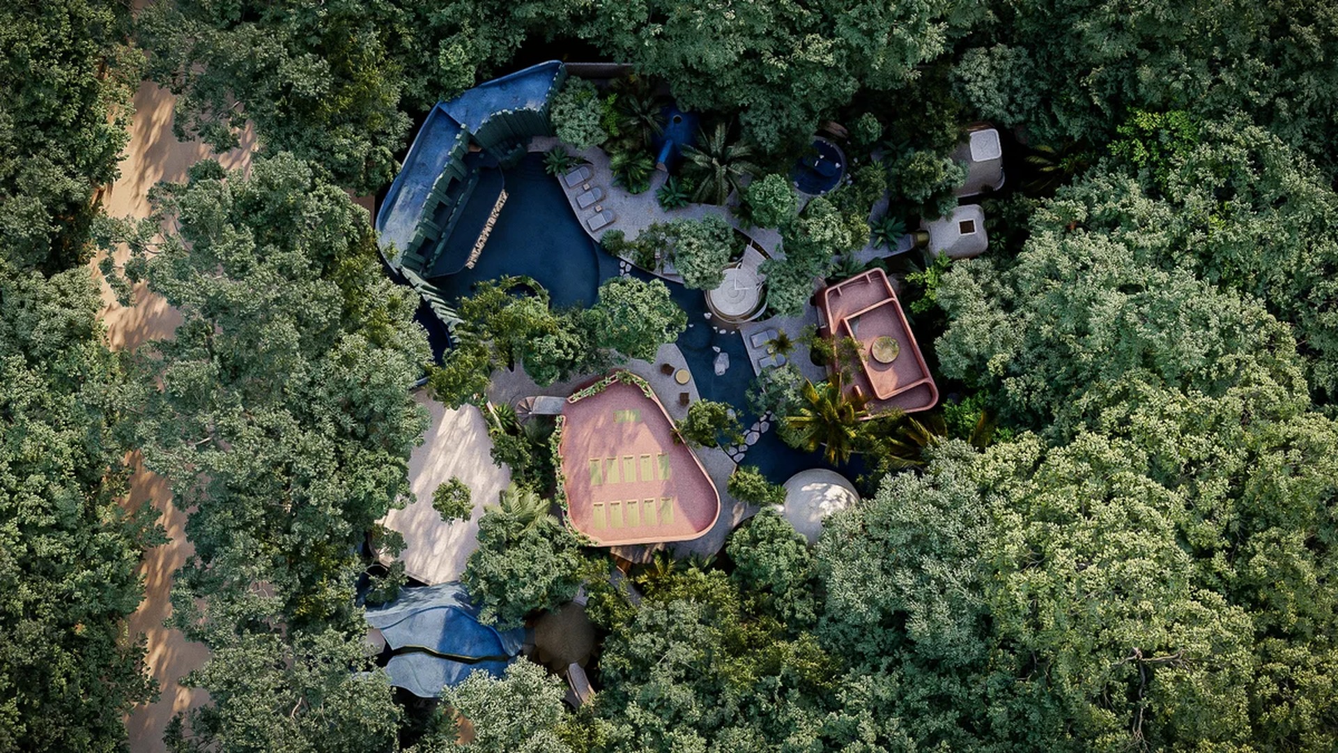 Image of a Jungle Retreat, featuring Lagoon-Style Pool and Lush Landscaping.