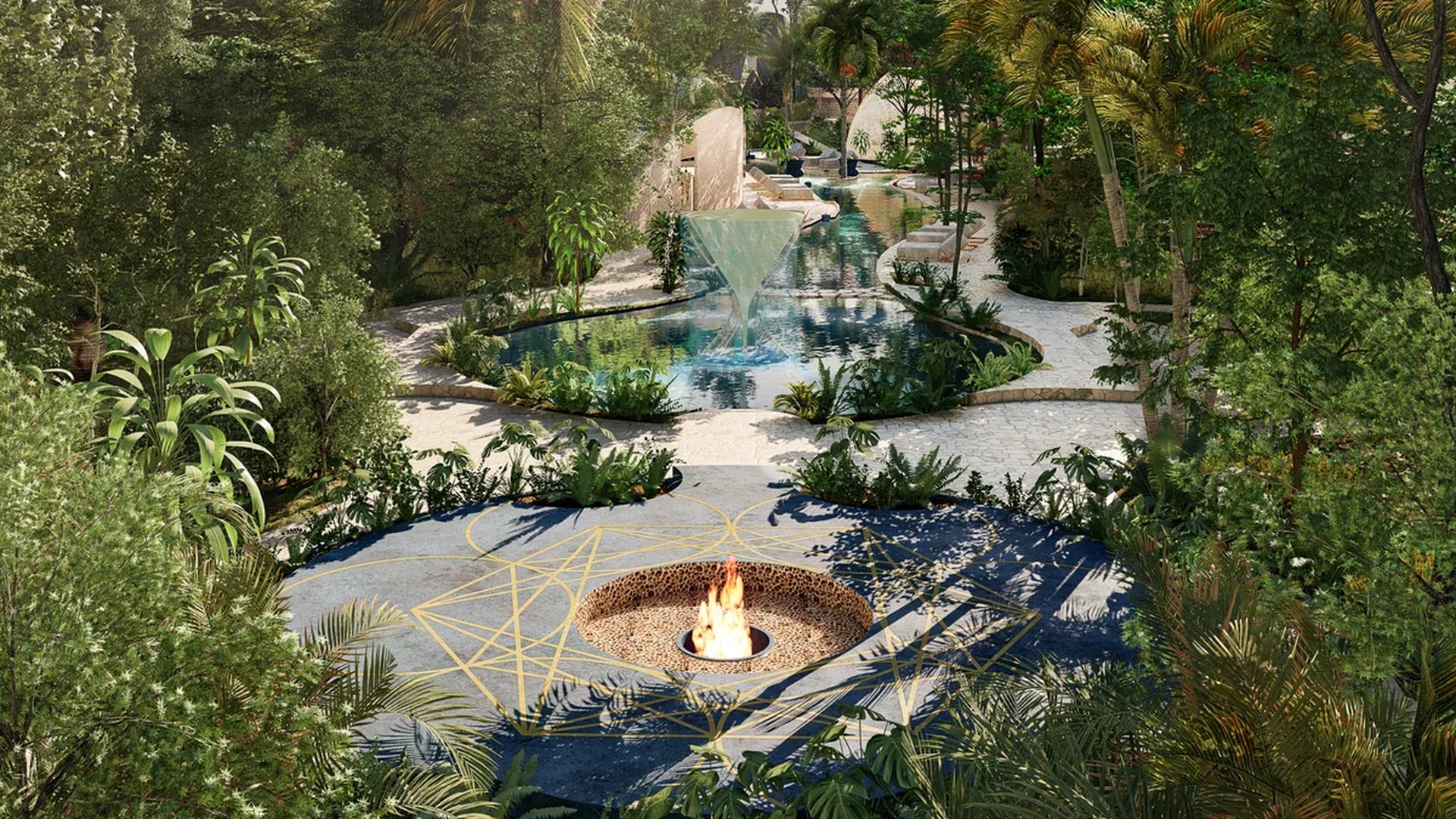 Image of a Sunken Fire Pit, featuring Lagoon-Style Pool and Lush Garden.