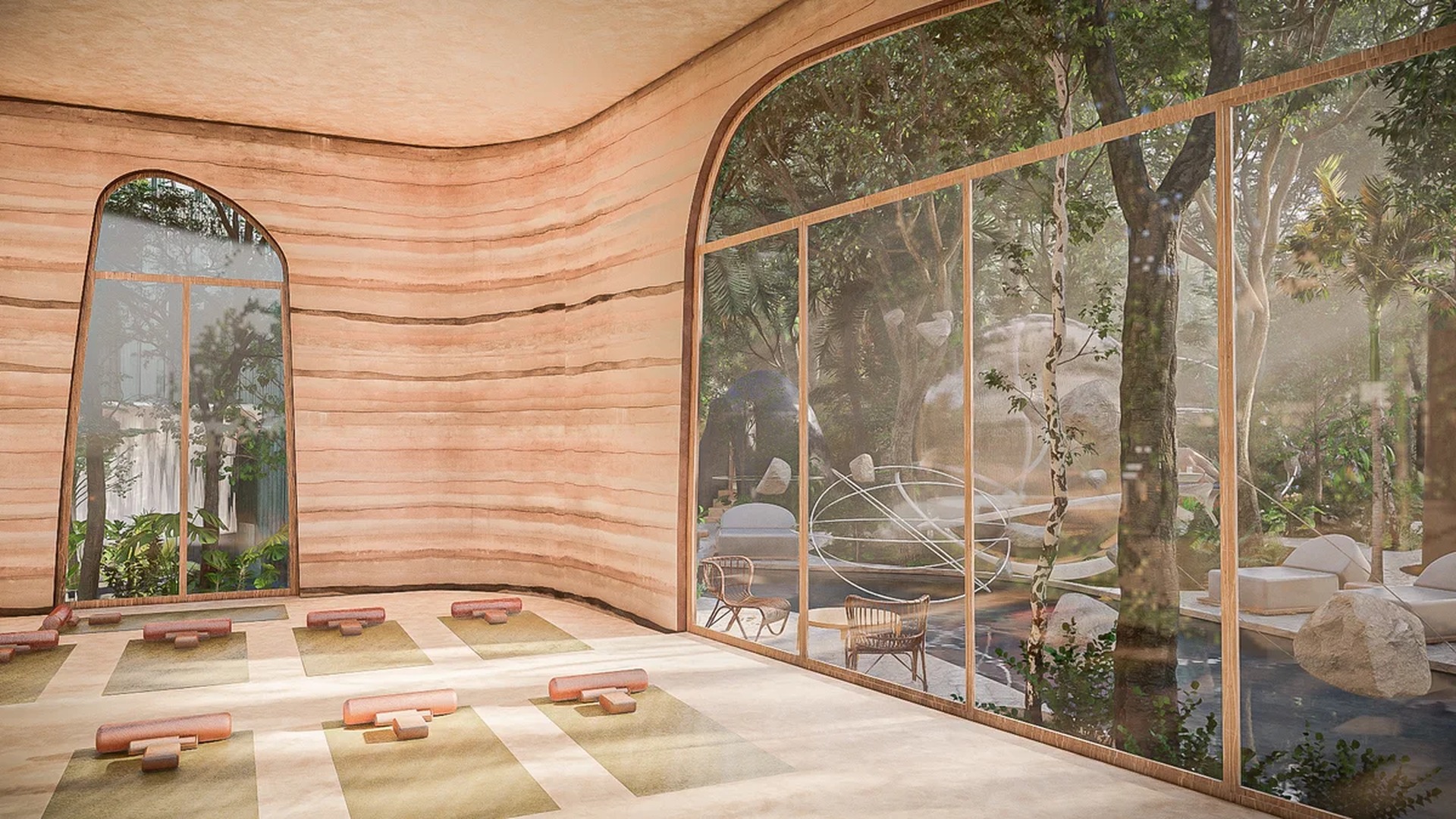 Image of a Yoga Studio, featuring Wellness Space and Rammed Earth Walls.