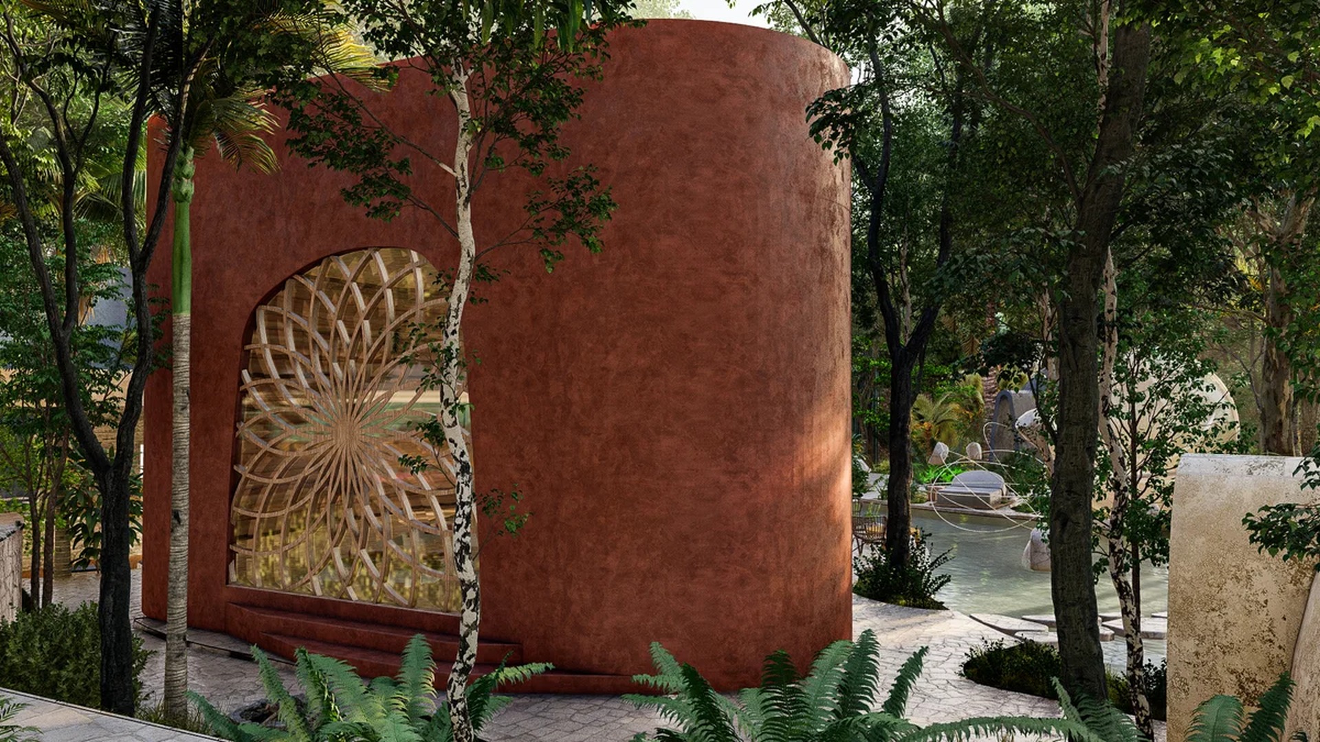 Image of a Lush Garden, featuring Jungle Setting and Unique Architecture.