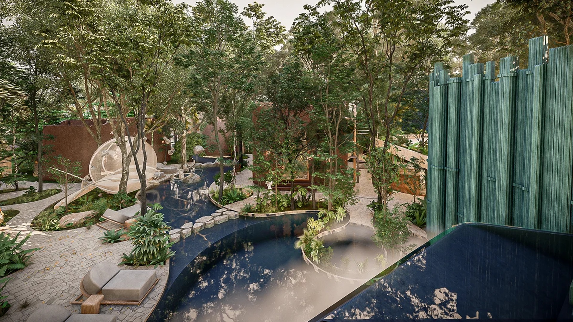 Image of a Lagoon-Style Pool, featuring Lush Garden and Jungle-Inspired Architecture.