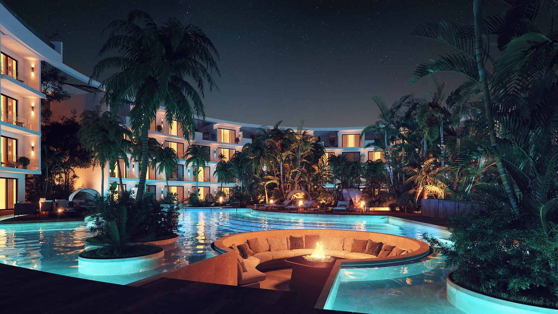 Image of a Resort-Style Pool, featuring Sunken Fire Pit Lounge and Lush Tropical Garden.