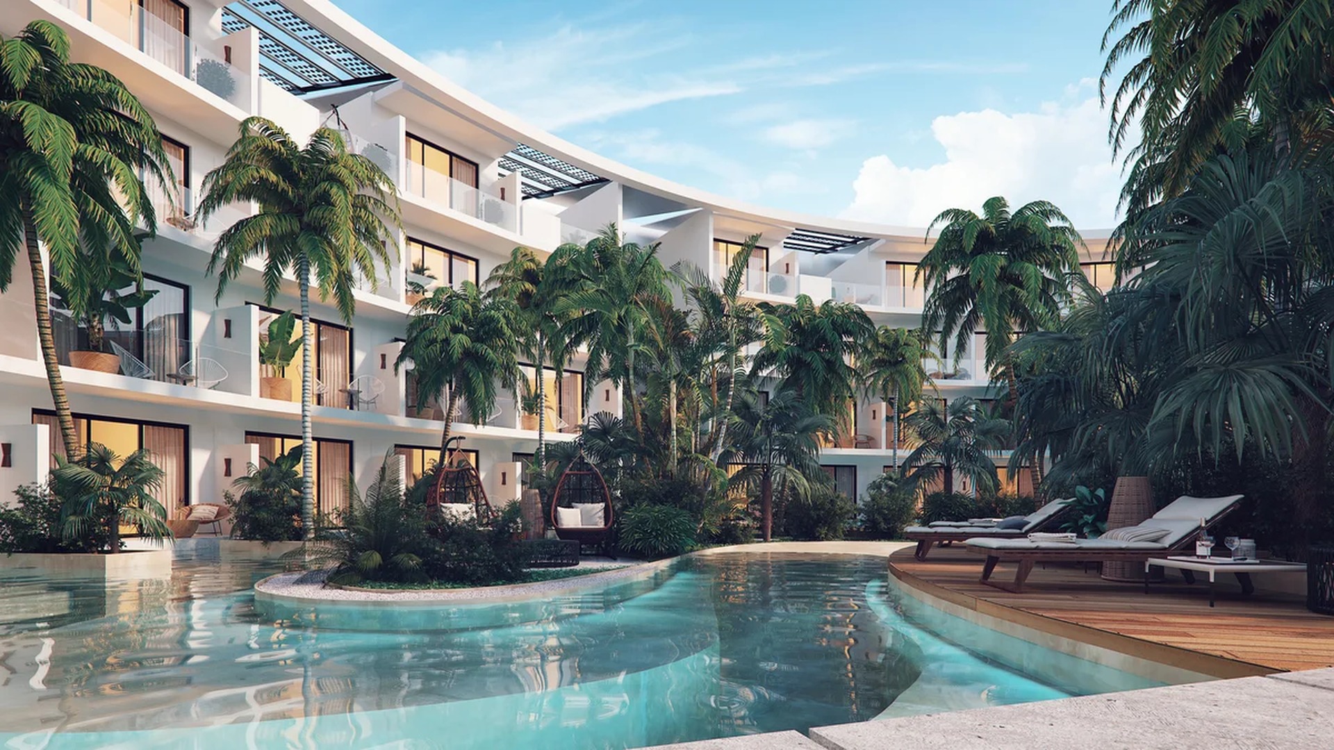 Image of a Resort-Style Pool, featuring Tropical Landscaping and Private Balconies.