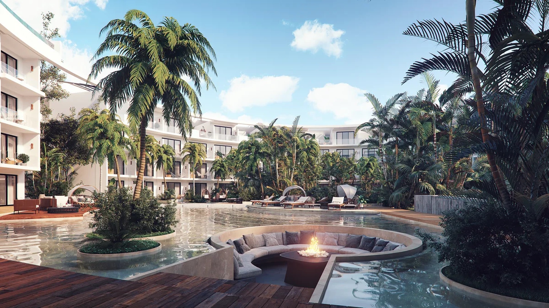 Image of a Lagoon-Style Pool, featuring Sunken Fire Pit Lounge and Lush Tropical Landscaping.