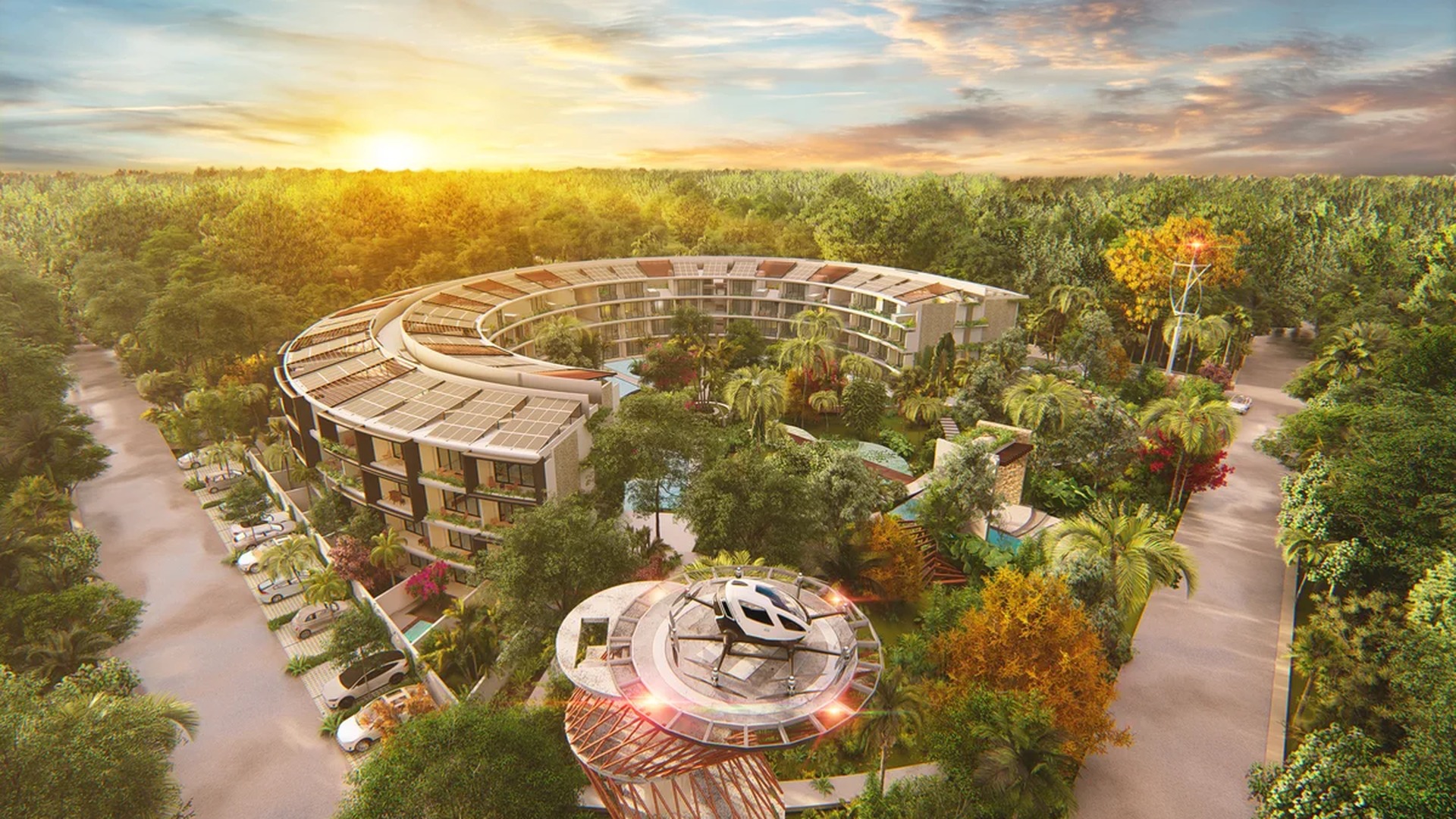 Image of a Modern Architectural Design, featuring Lush Jungle Setting and Solar Panels.