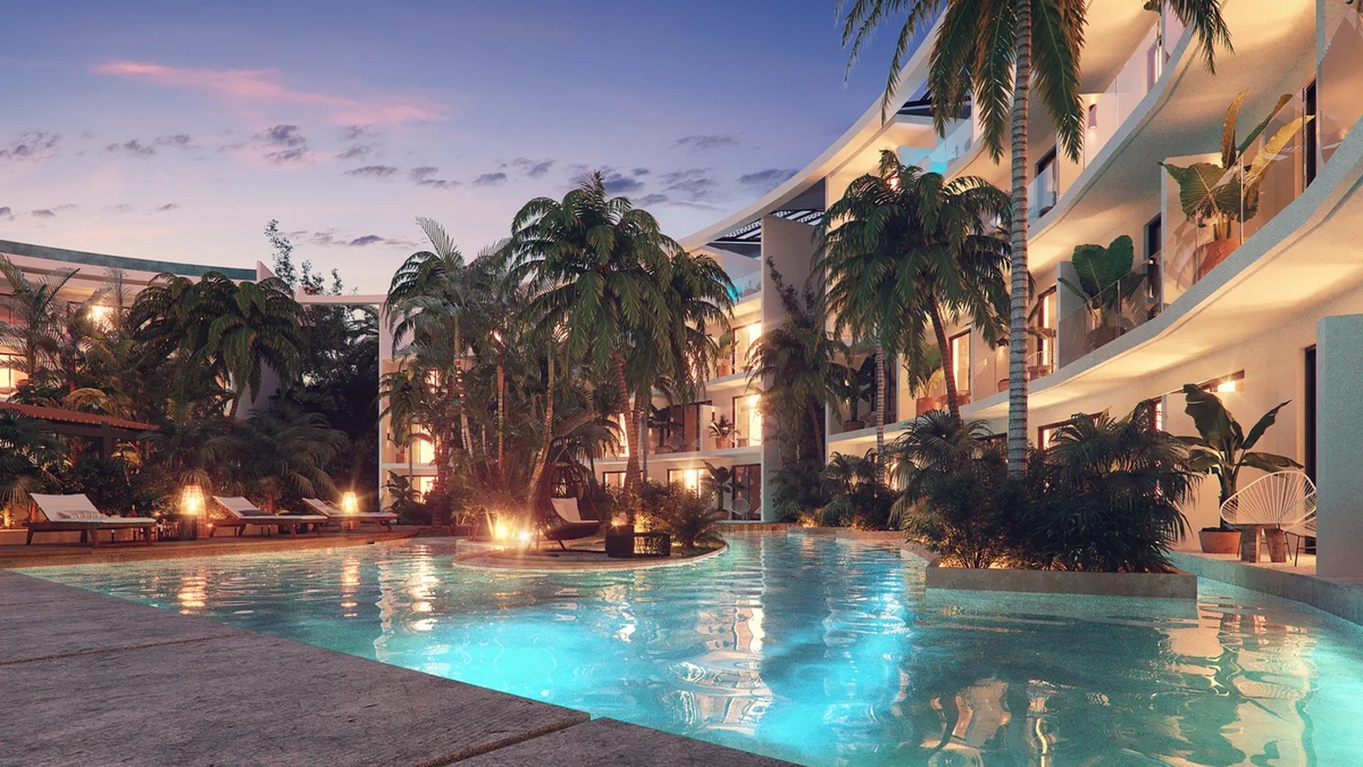 Image of a Lagoon-Style Pool, featuring Lush Garden and Modern Tropical Architecture.