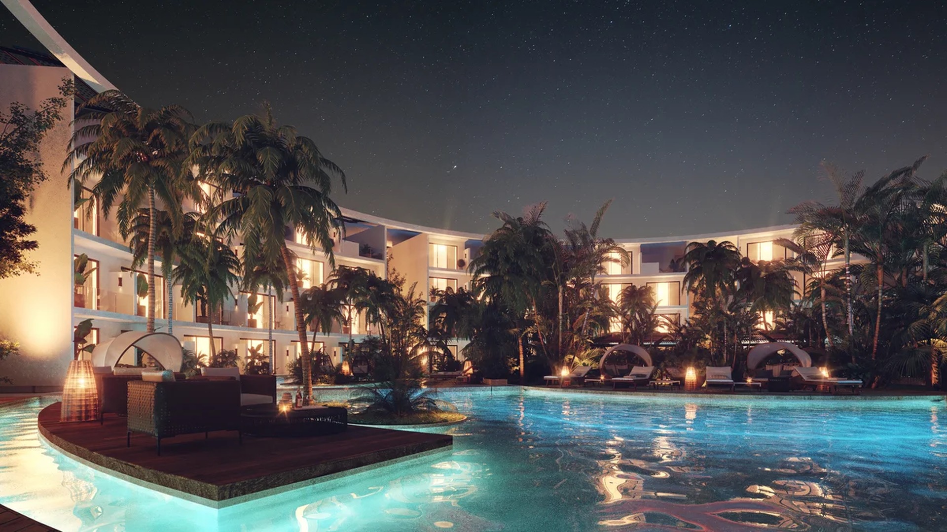Image of a Resort-Style Pool, featuring Tropical Landscaping and Modern Architecture.