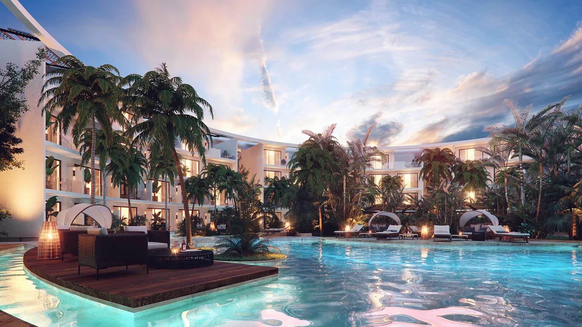 Image of a Resort-Style Pool, featuring Tropical Landscaping and Modern Architecture.