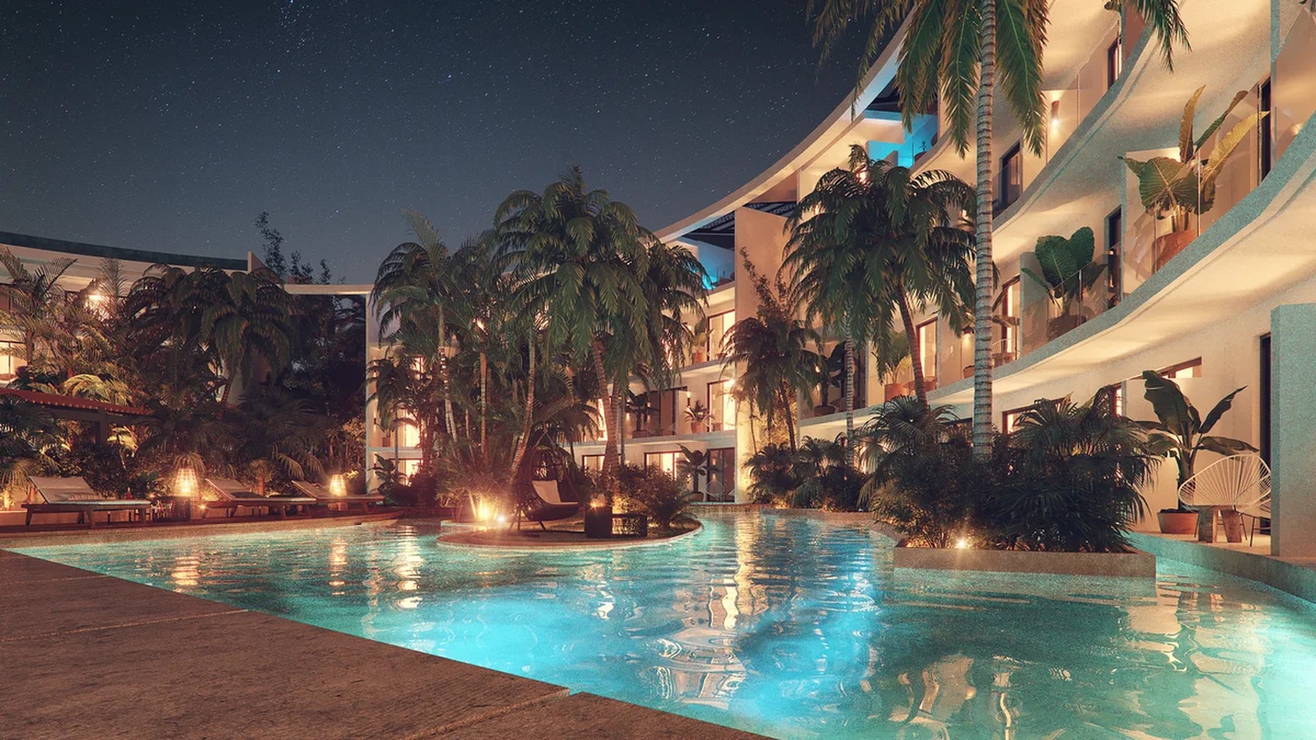Image of a Resort-Style Pool, featuring Tropical Courtyard and Night-lit Landscaping.