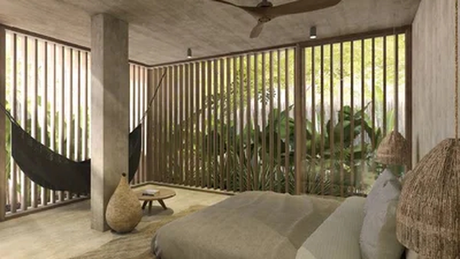 Image of a Tropical Bedroom, featuring Indoor Hammock and Wooden Slat Walls.