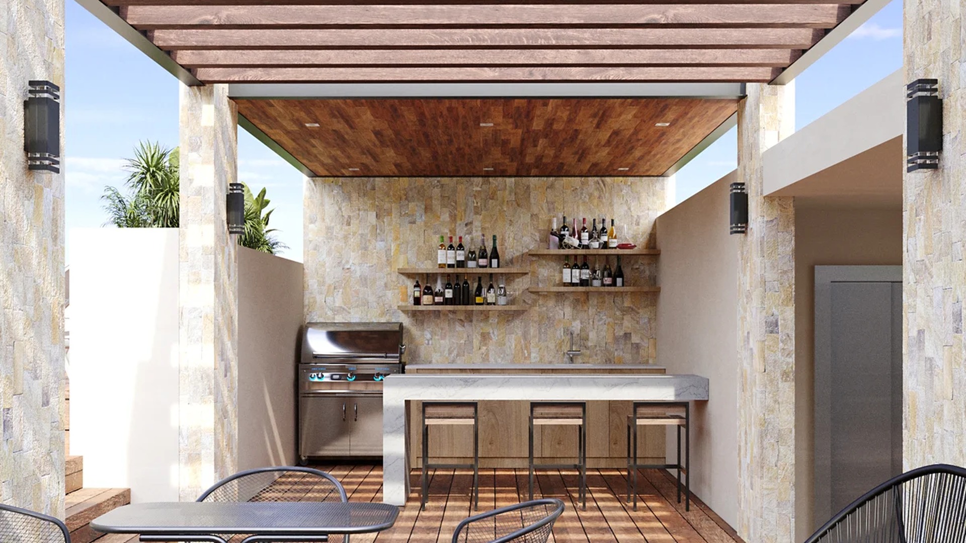 Image of a Outdoor Kitchen, featuring Patio Bar and Wooden Pergola.