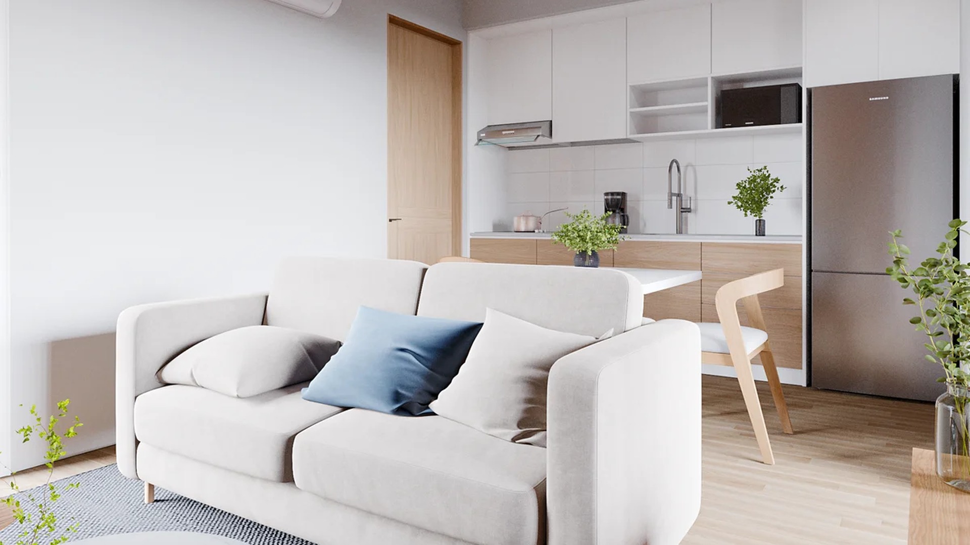 Image of a Open-Plan Living, featuring Modern Kitchenette and Light Wood Flooring.