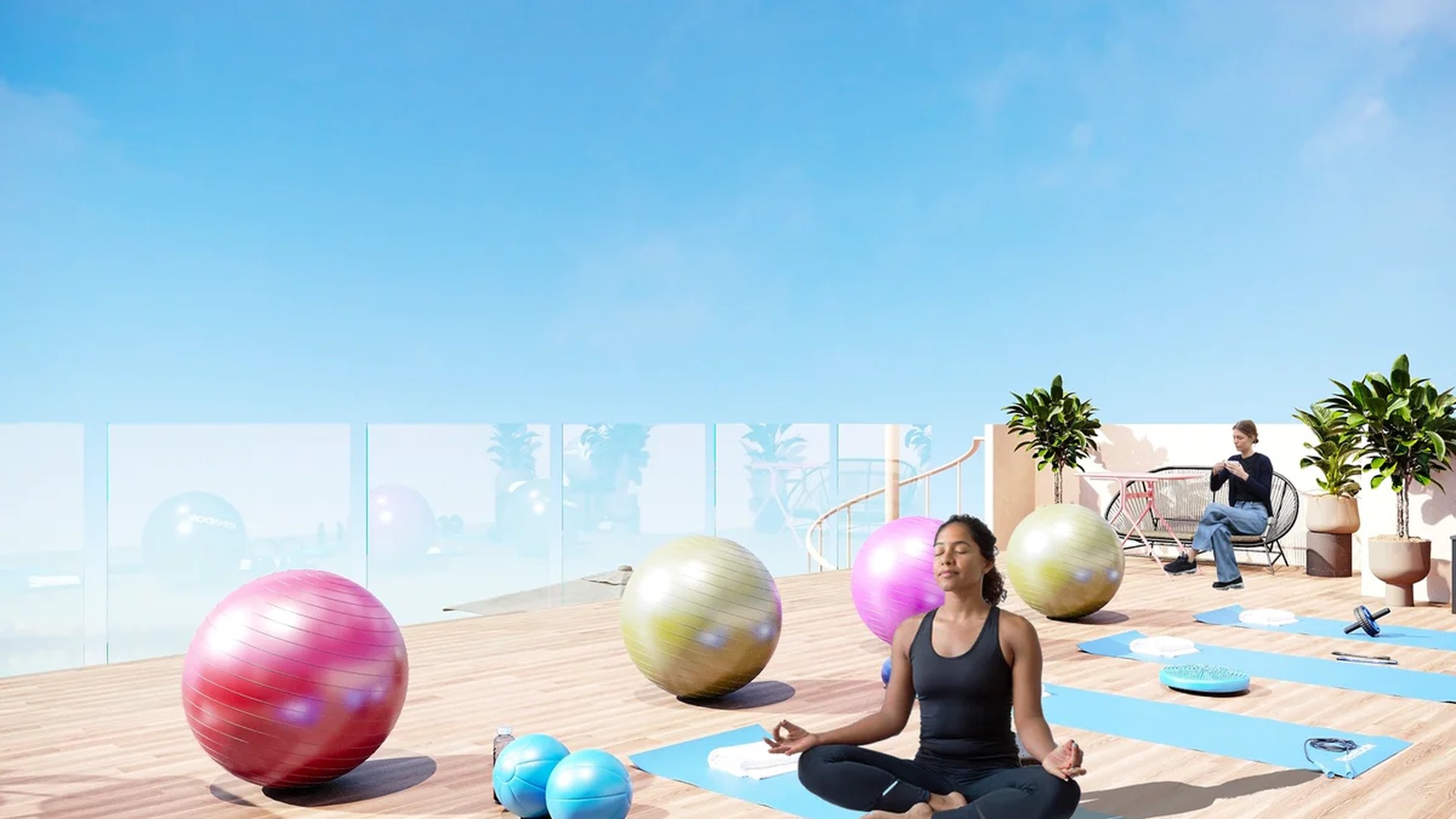 Image of a Rooftop Terrace, featuring Outdoor Yoga Space and Wood Decking.