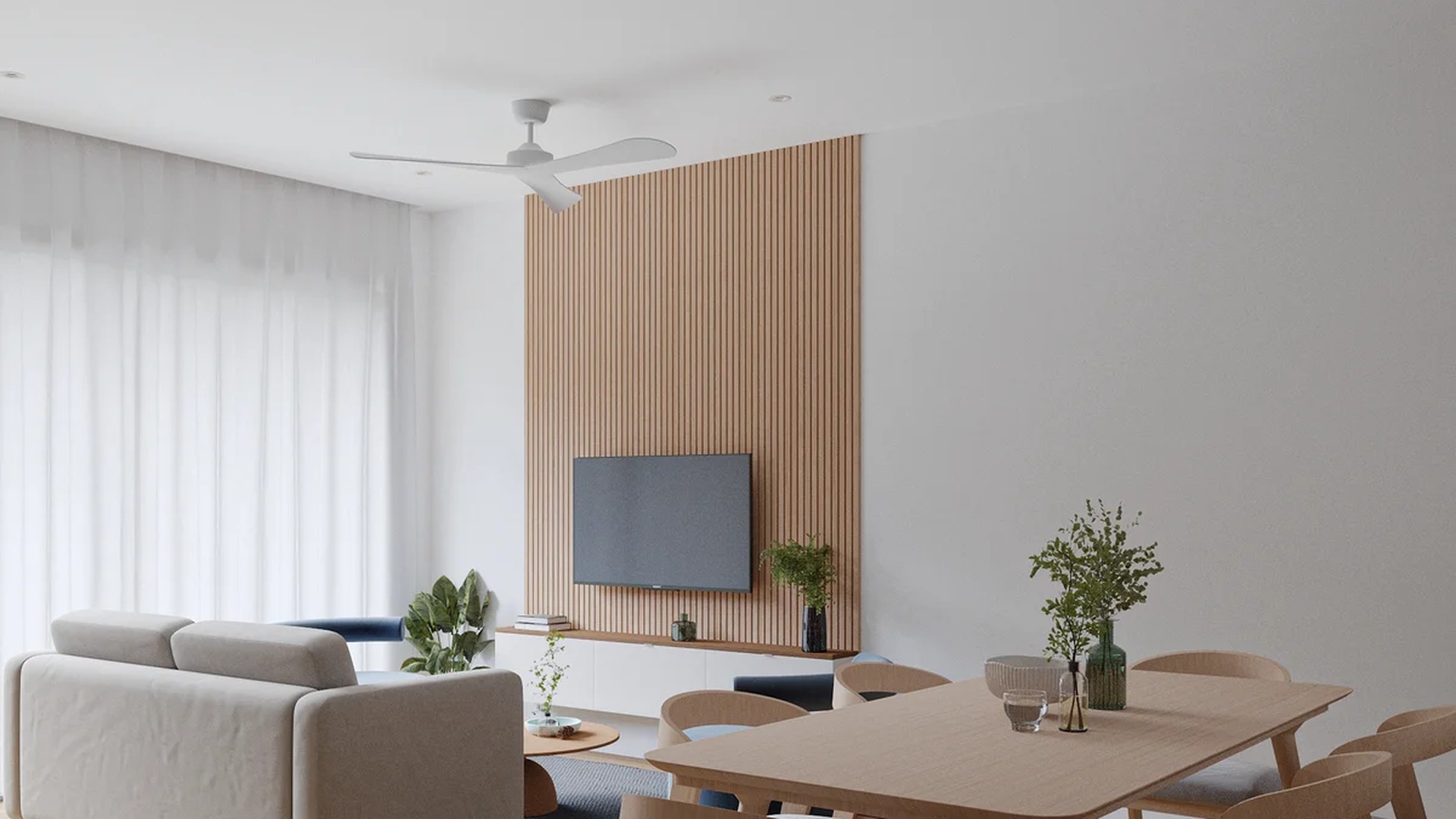 Image of a Open Concept Living, featuring Wood Slat Accent Wall and Minimalist Decor.