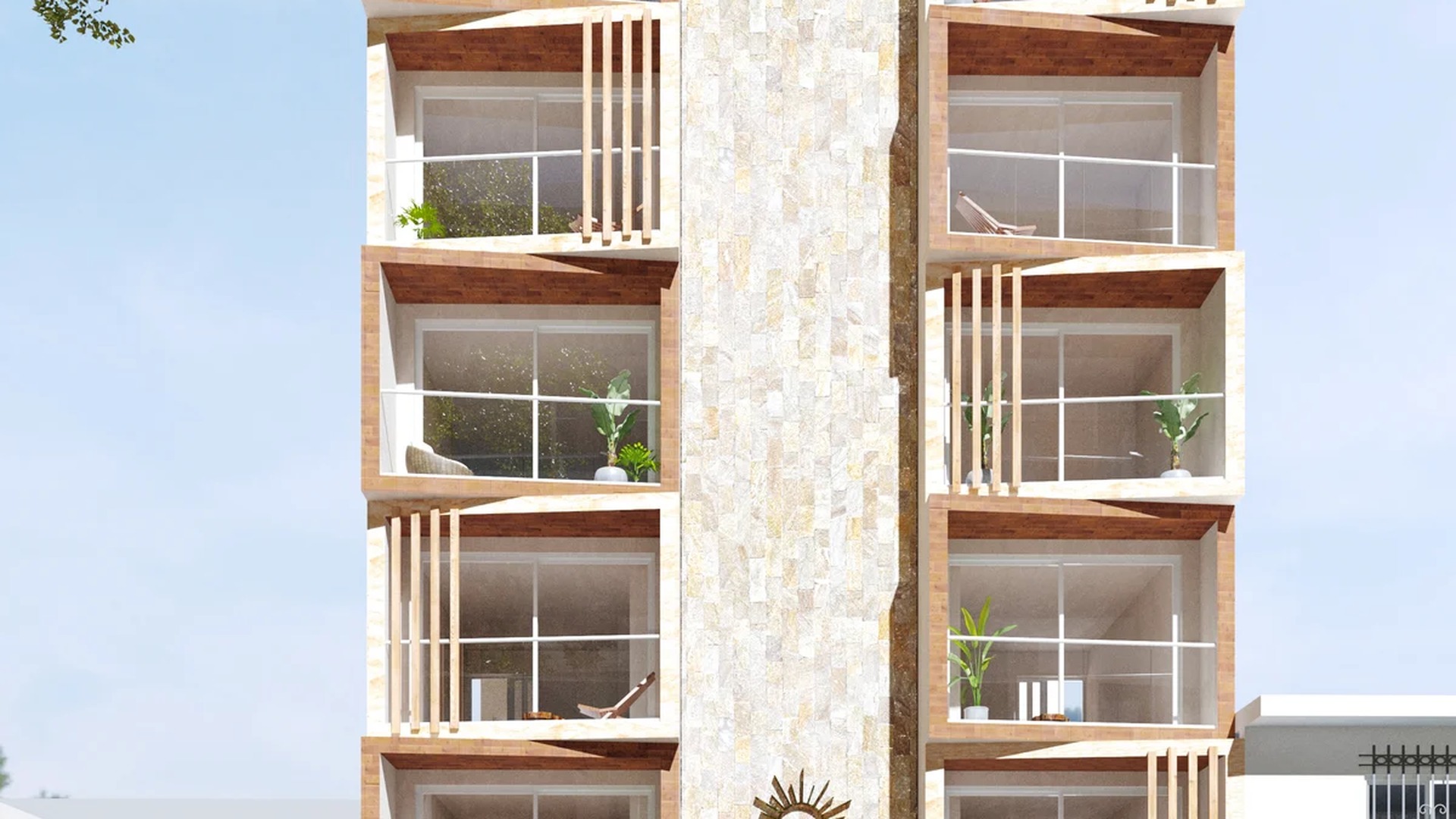 Image of a Modern Apartment Building, featuring Private Balconies and Stone Facade.