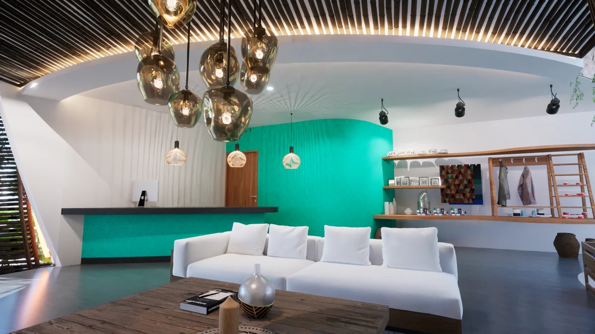 Image of a Reception Area, featuring Lounge Seating and Slatted Wood Ceiling.